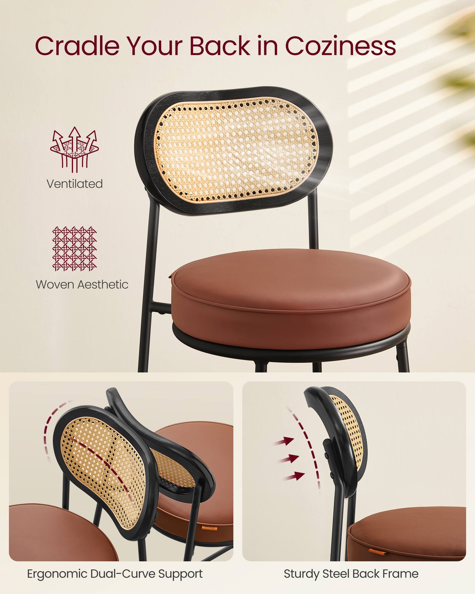 Cradle Your Back in Coziness

- Ventilated
- Woven Aesthetic
- Ergonomic Dual-Curve Support
- Sturdy Steel Back Frame