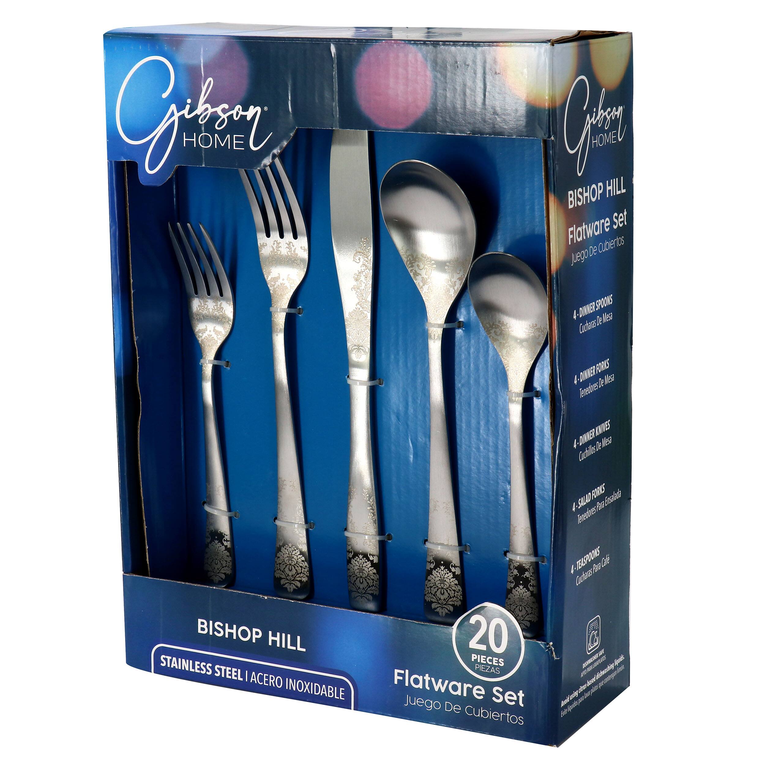 The image features a Bishop Hill flatware set, which includes a fork, spoon, and knife. The set is made of stainless steel and has a total of 20 pieces. The flatware set is displayed in a box, which is blue in color.