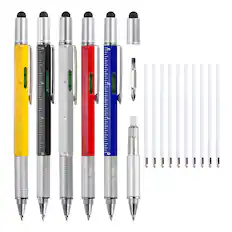 Front. Unique Bargains - 5pcs 6 in 1 Aluminium Multitool Tech Tool Pen with Ballpoint Pen, Ruler, Screwdriver, Stylus, Level Gauge, Refills - Multicolor.