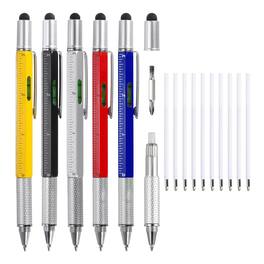 Unique Bargains - 5pcs 6 in 1 Aluminium Multitool Tech Tool Pen with Ballpoint Pen, Ruler, Screwdriver, Stylus, Level Gauge, Refills - Multicolor