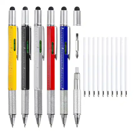 Front. Unique Bargains - 5pcs 6 in 1 Aluminium Multitool Tech Tool Pen with Ballpoint Pen, Ruler, Screwdriver, Stylus, Level Gauge, Refills - Multicolor.