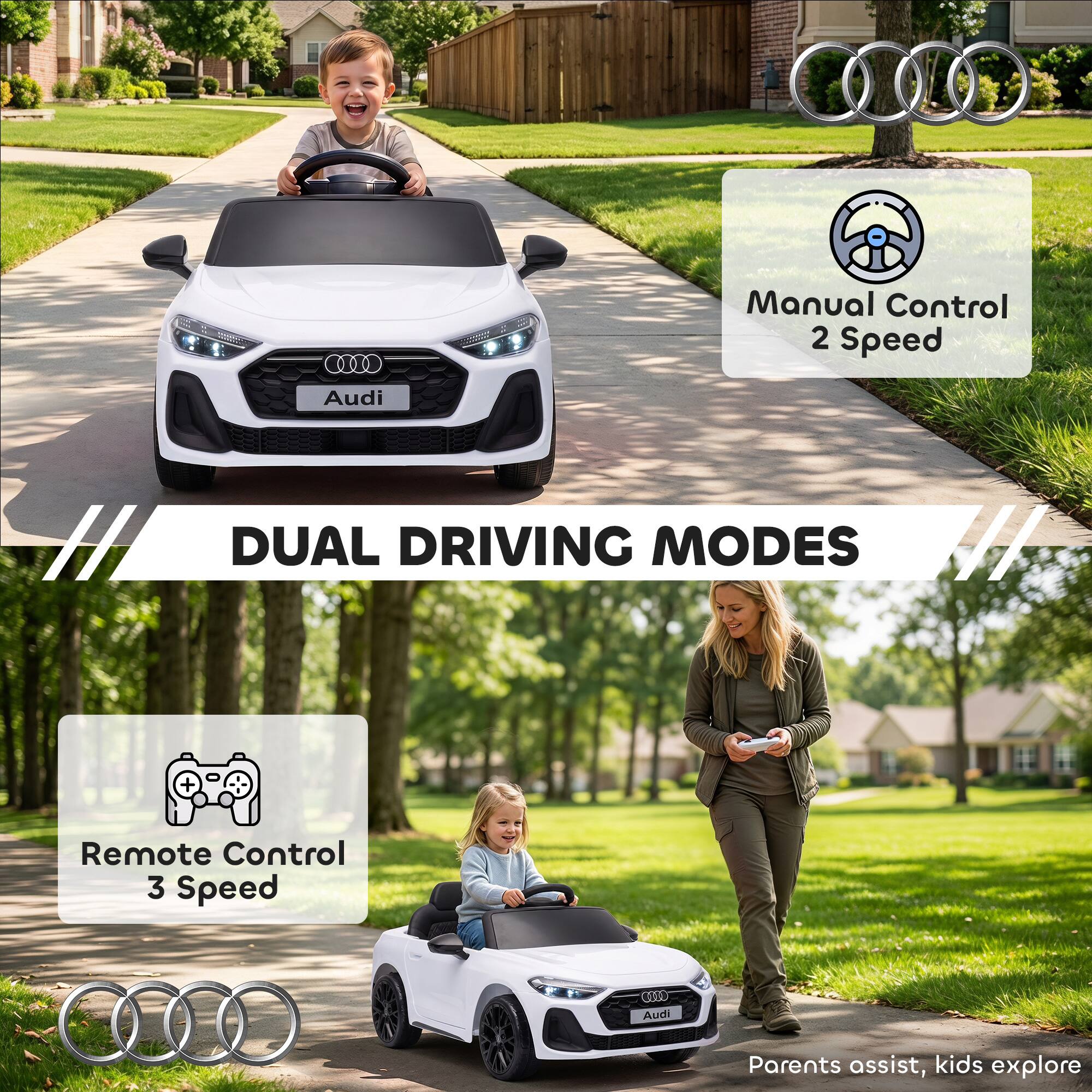 Manual Control 2 Speed  
Audi  
DUAL DRIVING MODES  
Remote Control 3 Speed  
GOOD Audi  
Parents assist, kids explore