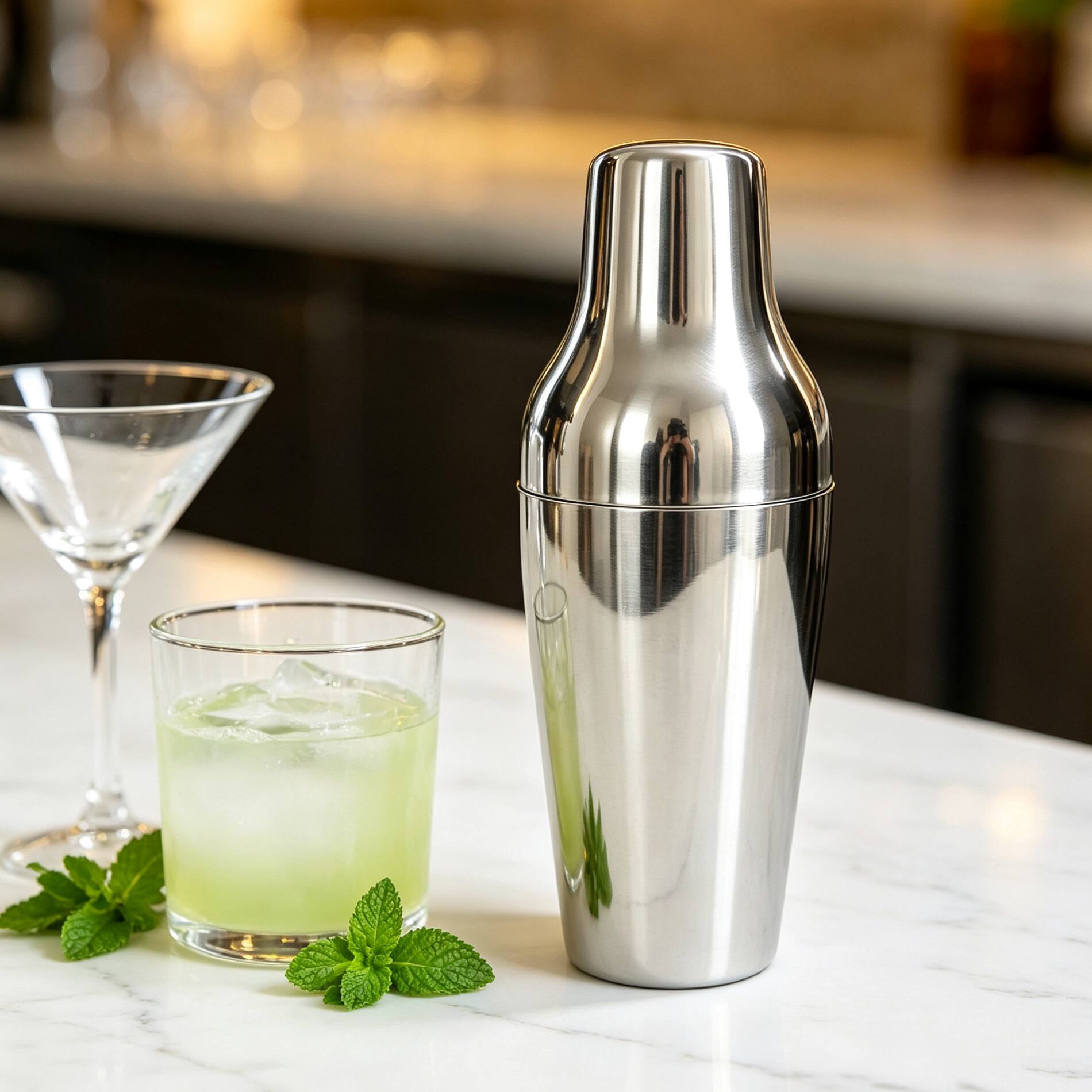 Angle. Malletson - Boston Shaker, Cocktail Shaker, 16 OZ & 20 OZ Mixers, 18/8 Stainless Steel - Silver.