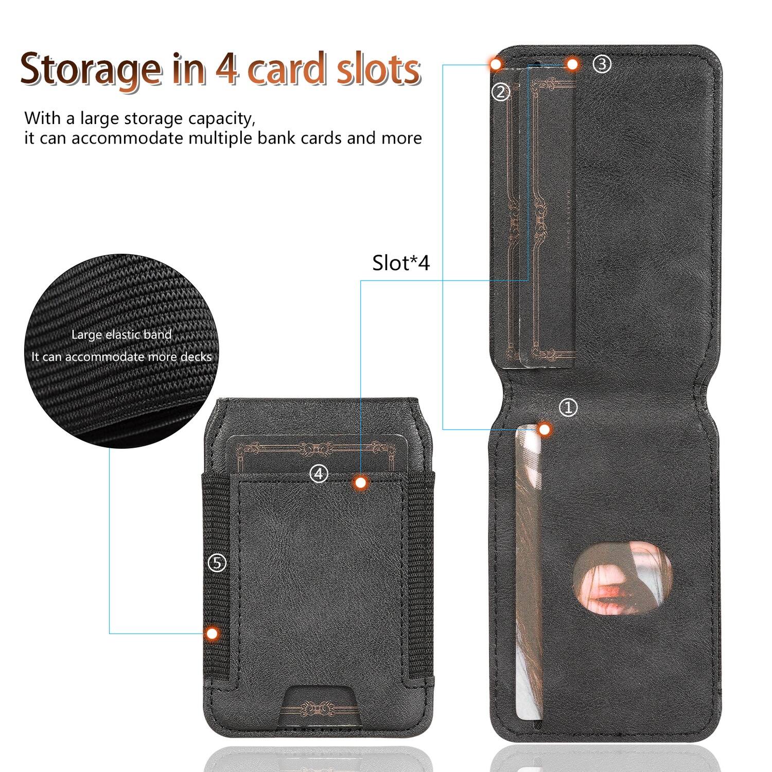Storage in 4 card slots

With a large storage capacity, it can accommodate multiple bank cards and more

Slot*4

Large elastic band
It can accommodate more decks
