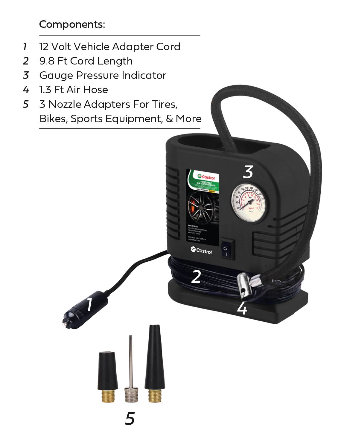 Components:  
1. 12 Volt Vehicle Adapter Cord  
2. 9.8 Ft Cord Length  
3. Gauge Pressure Indicator  
4. 1.3 Ft Air Hose  
5. 3 Nozzle Adapters For Tires, Bikes, Sports Equipment, & More  

Castrol - RWT ABLE ECAe 3 - - 1 - - d 1 S T W - - - - - - 050. - Castrol I 2 1 4 5