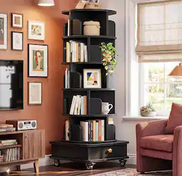 Aheaplus - 6-Tier Rotating Bookshelf: Lockable Wheels & Hidden Drawer, Adjustable Height - Black
