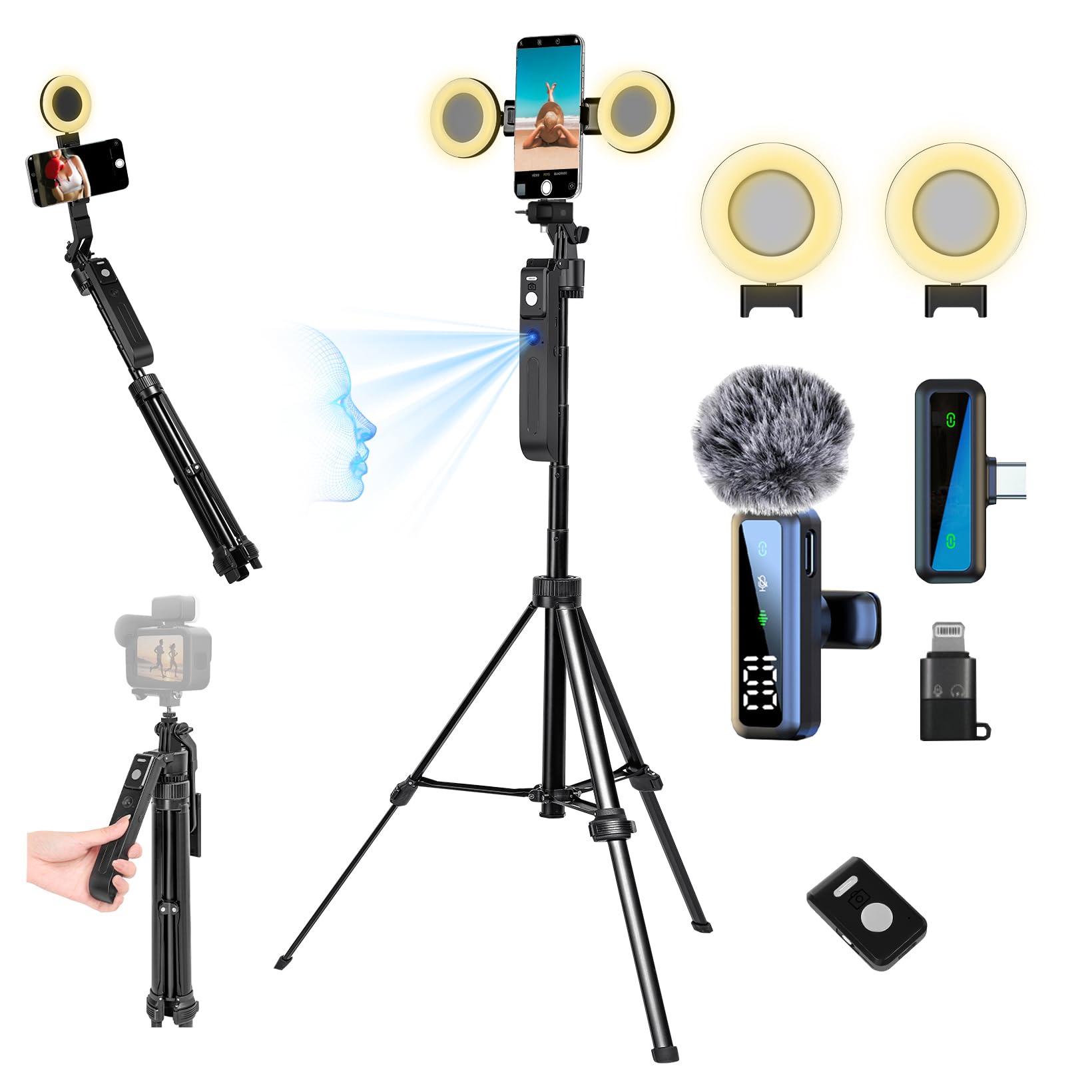 Front. PO3TICJUNKI3 - 70 9  Auto Face Tracking Tripod For Anriod Phone Vlogging Kit Content Creator With Light   360 Rotatable - Default.