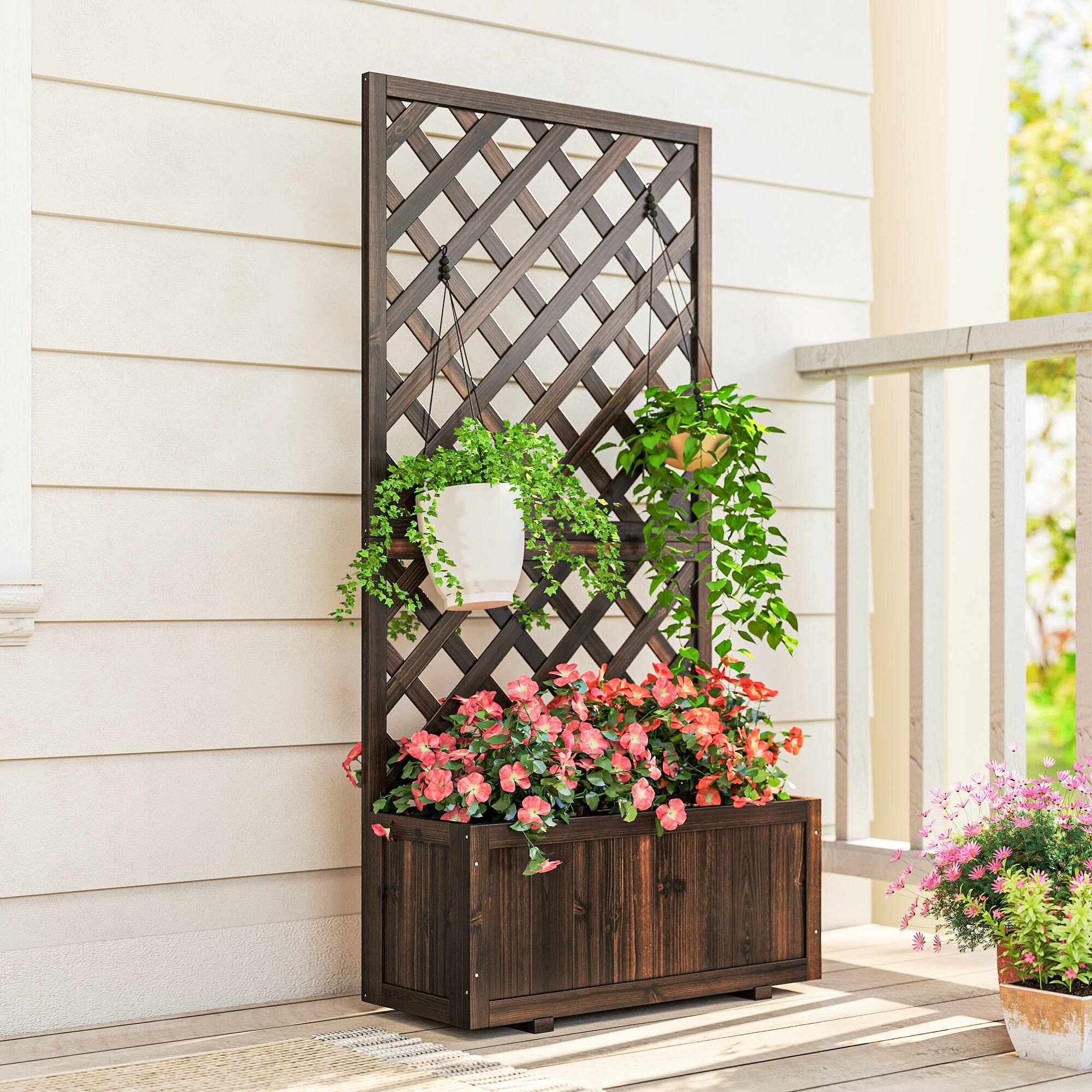 Alt View 7. Outsunny - Wooden Raised Garden Bed Planting Planter Box with Trellis and Drain Holes for Climbing Vine Plants - Brown.