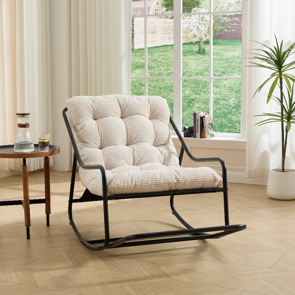 Alt View 1. Loheer - Loheer Outdoor Rocking Chair with Thick Cushion Black Steel Frame Modern Patio Rocker for Living Room Bedroom - Black and White.