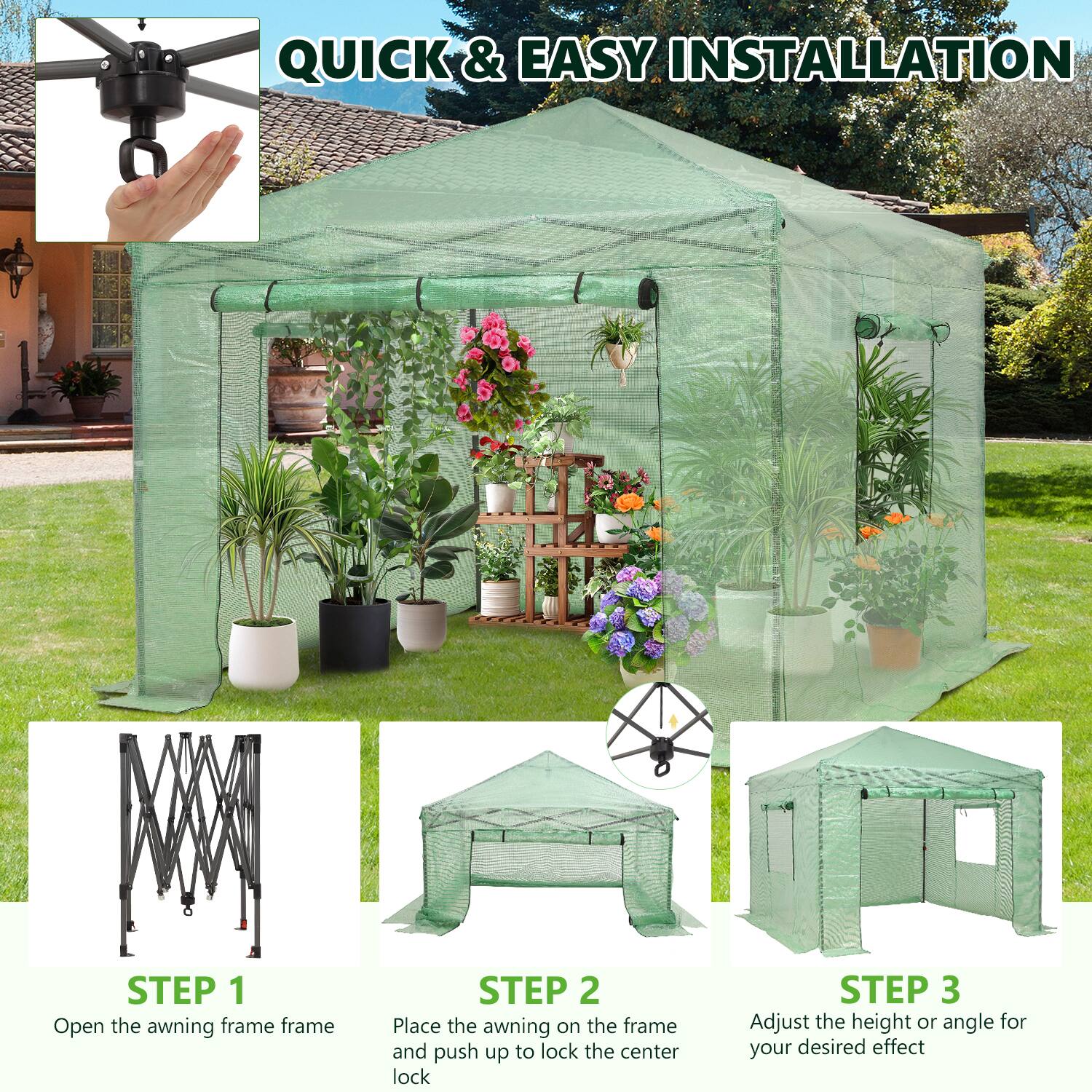 QUICK & EASY INSTALLATION

STEP 1
Open the awning frame

STEP 2
Place the awning on the frame and push up to lock the center

STEP 3
Adjust the height or angle for your desired effect