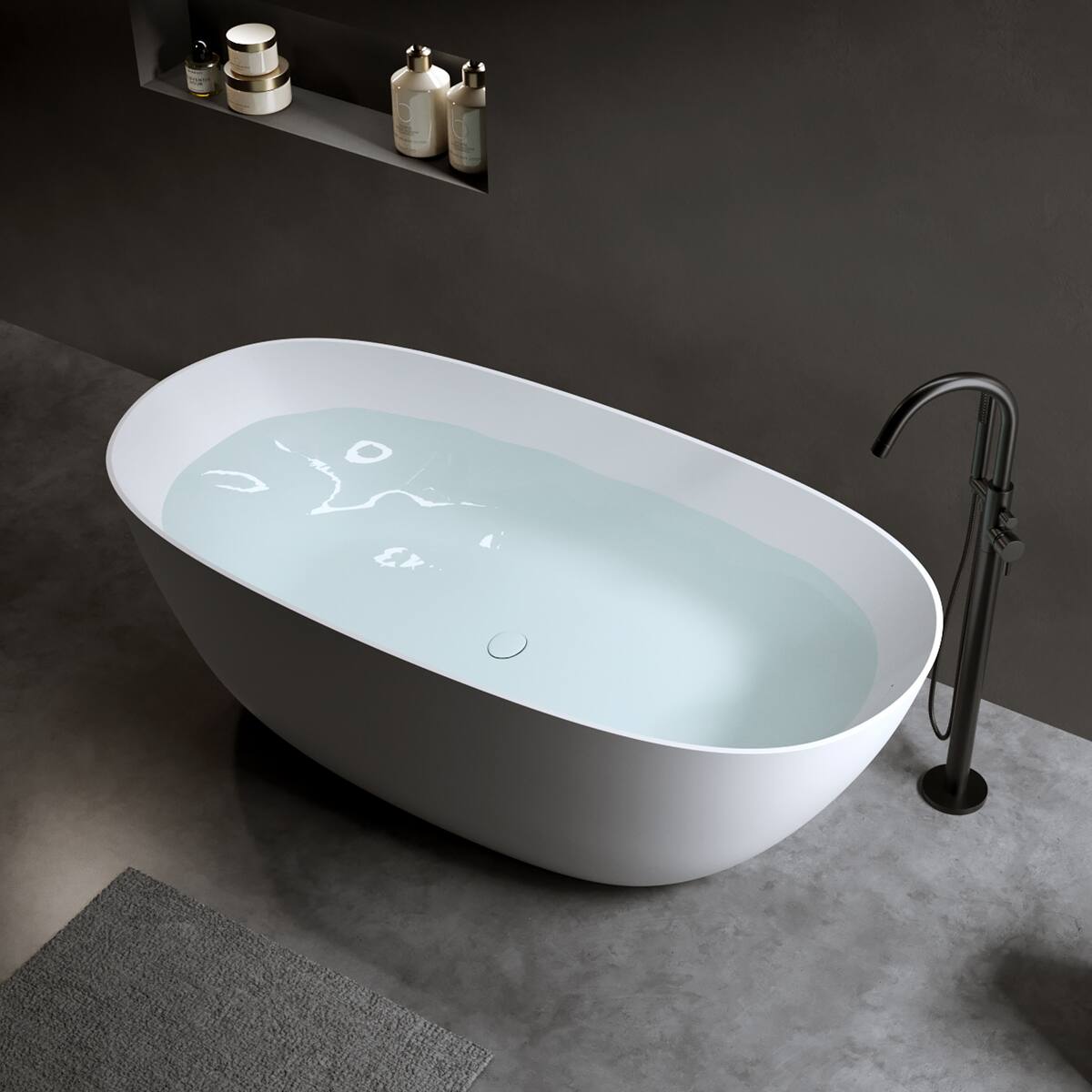 Left. Loheer - Loheer 69 in Freestanding Solid Surface Soaking Bathtub, Matte White Stone Resin Tub with Overflow Drain - Matte White.