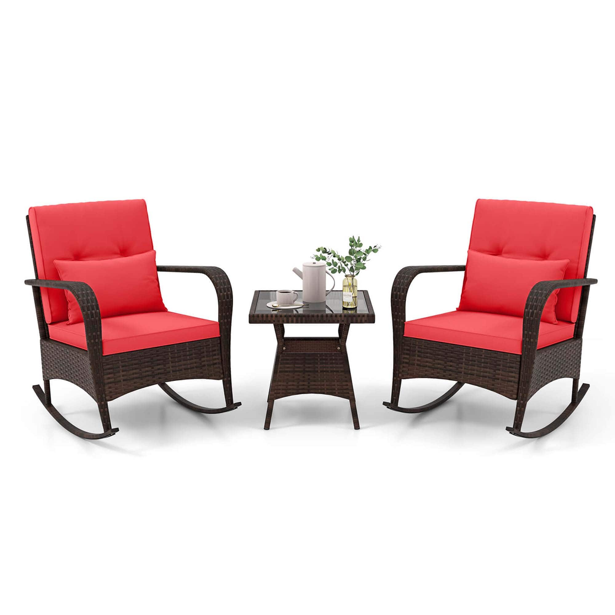 Costway - 3 PCS Rocking Bistro Set with Removable Cushions & Tempered Glass Top Table - Red