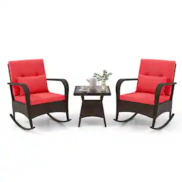 Costway - 3 PCS Rocking Bistro Set with Removable Cushions & Tempered Glass Top Table - Red