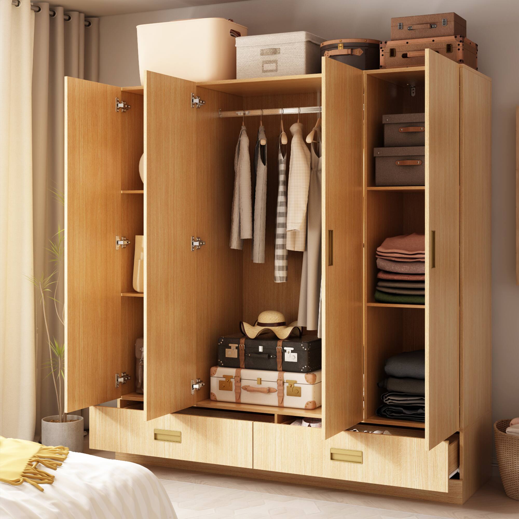 Angle. FUFU&GAGA - Wood Grain Wardrobe Closet with 4 Doors and 2 Drawers Large Armoire Storage Cabinet Organizer for Bedroom - Wooden.