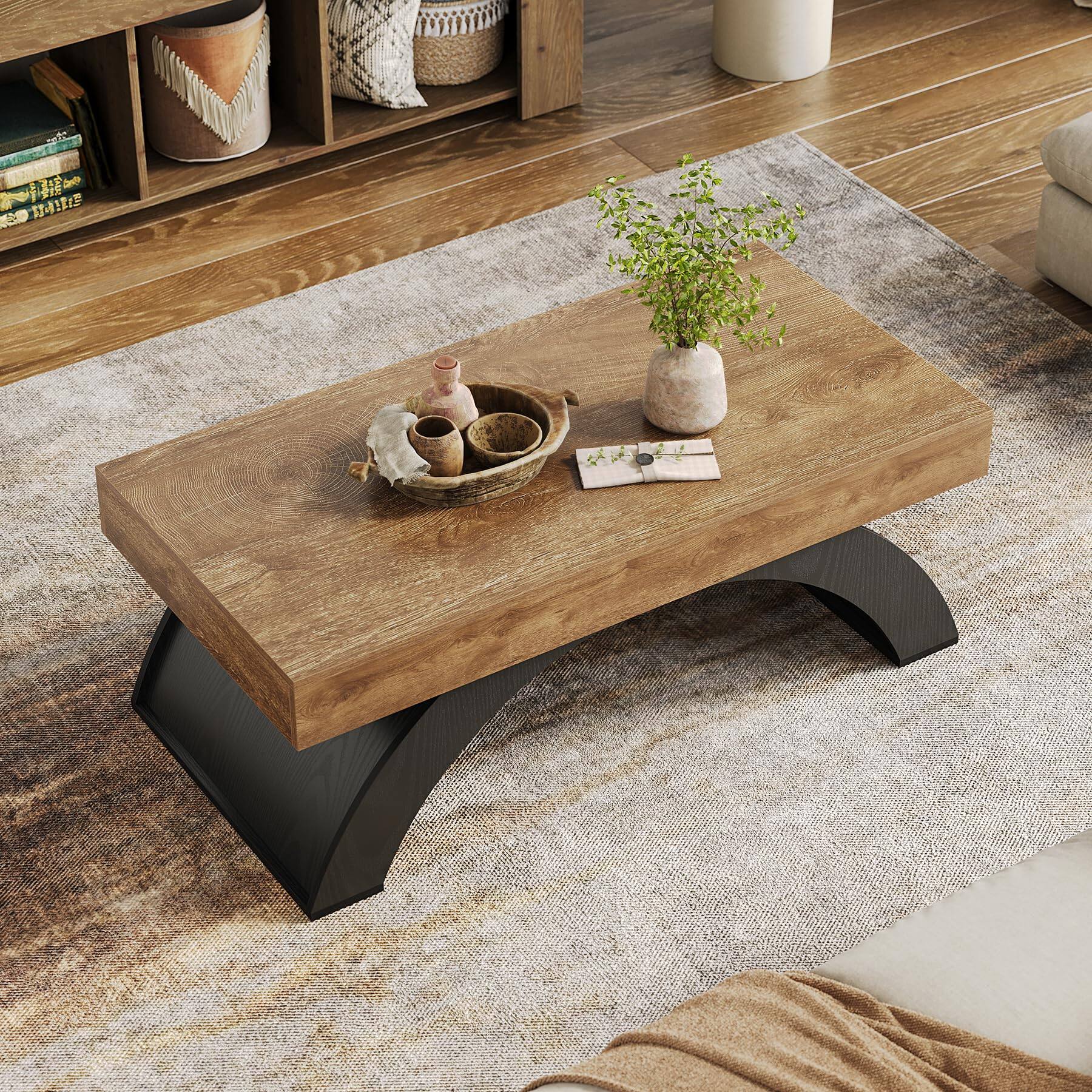 Alt View 4. Tribesigns - LITTLE TREE Modern Coffee Table, 47” Living Room Table, Rectangle Coffee Table with Artistic Arched Base, Wood Center Ta - Brown & Black.