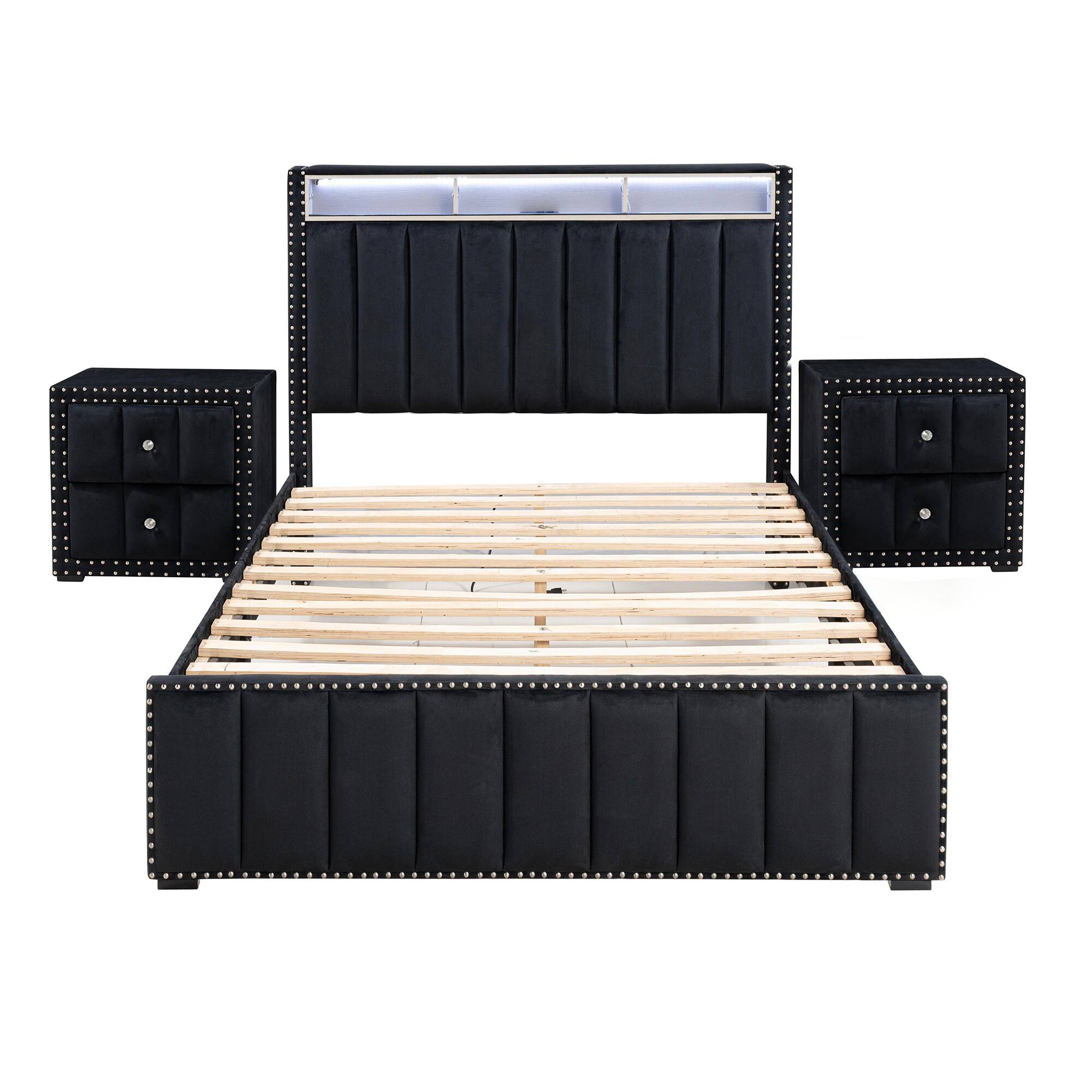 Alt View 2. Parrot Uncle - Contemporary Velvet Platform Bed With LED Lights and Nailhead Trim - Black.