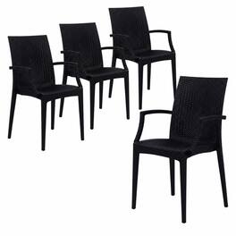 LeisureMod - Mace 4-Pieces Modern Woven Pattern Dining Chairs - Waterproof Stackable Indoor Outdoor Patio Chairs - Black