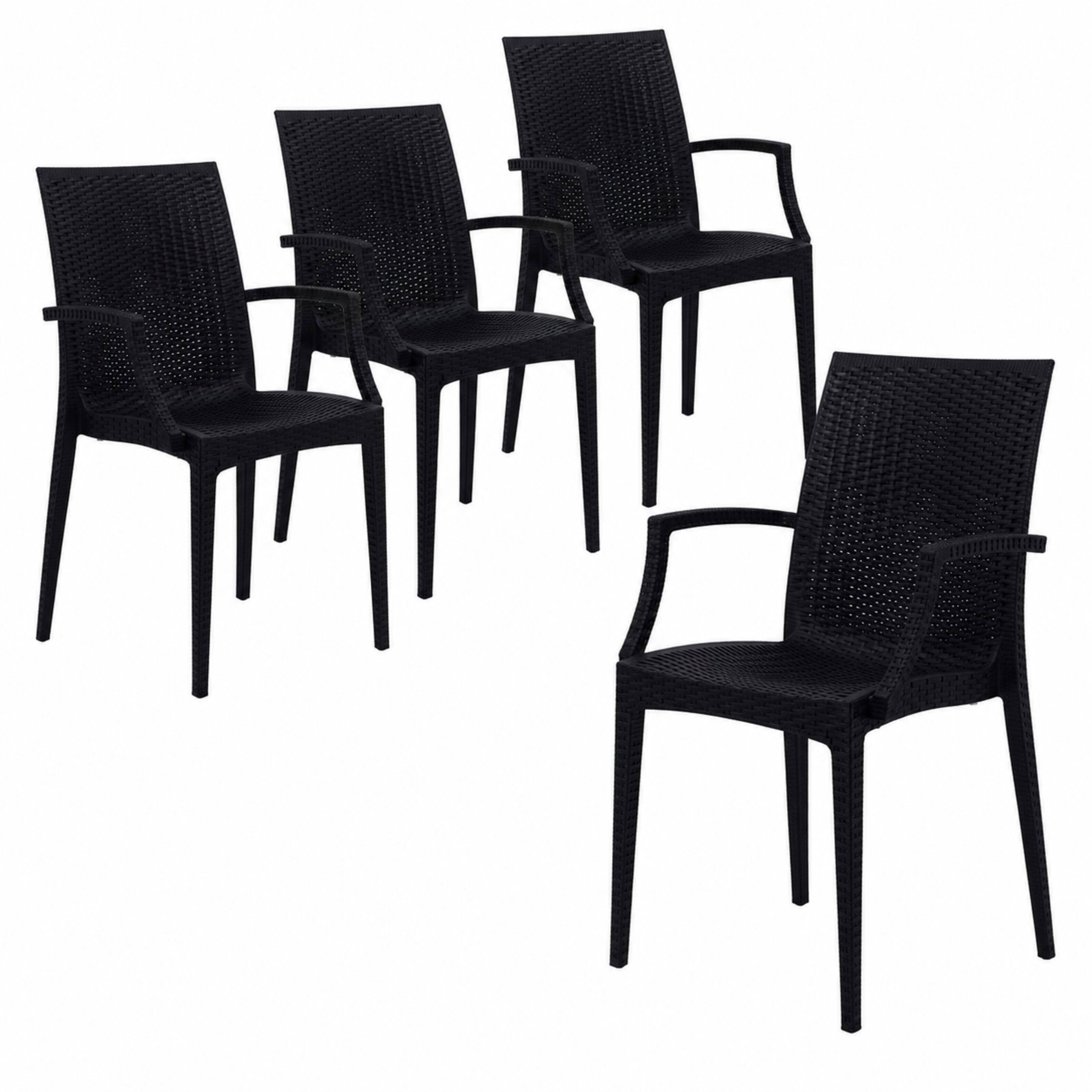 Front. LeisureMod - Mace 4-Pieces Modern Woven Pattern Dining Chairs - Waterproof Stackable Indoor Outdoor Patio Chairs - Black.