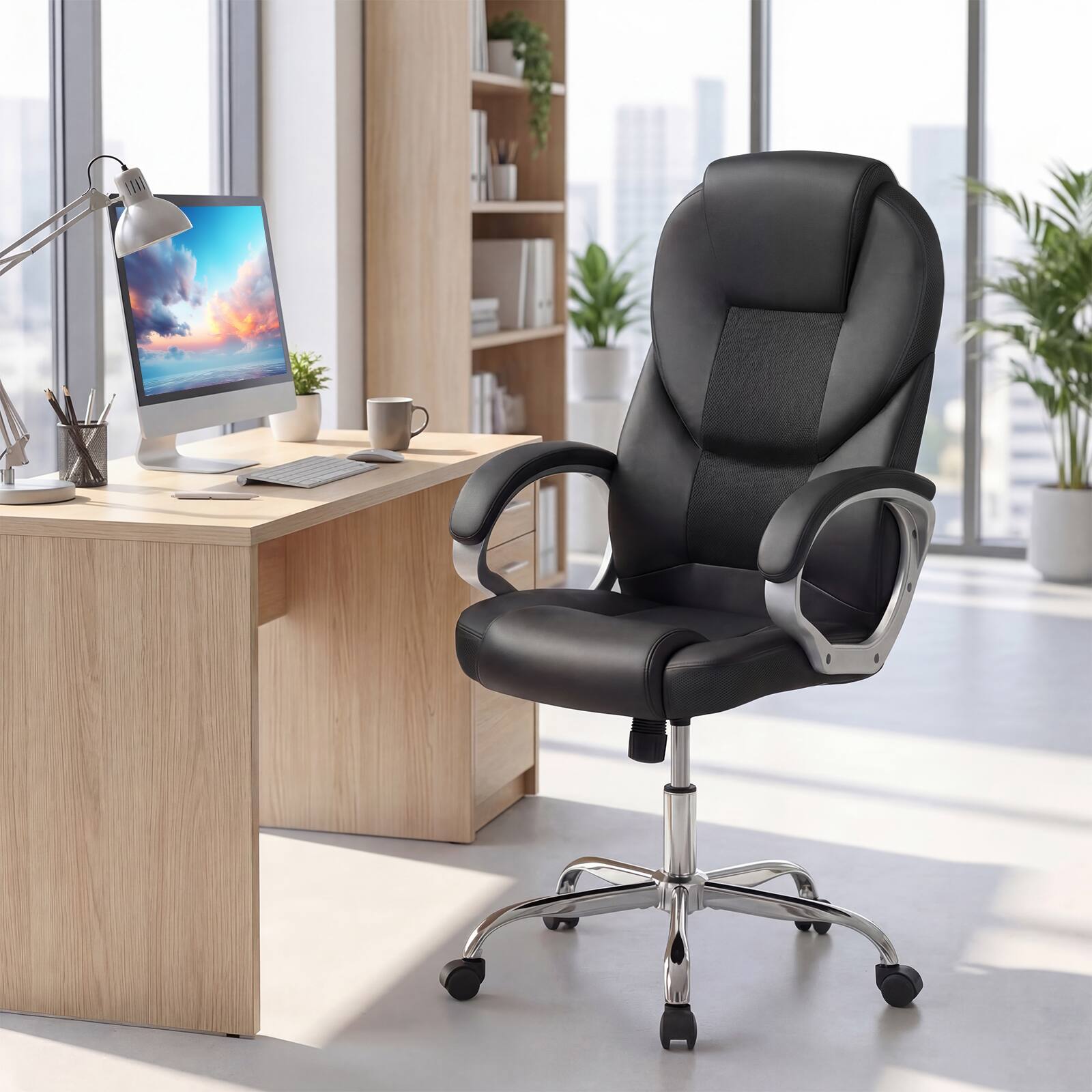Alt View 1. Costway - Costway Ergonomic Mesh Executive Chair with Padded Armrests & Rocking Backrest, Wheels - Black.