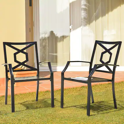Front. Nuu Garden - Outdoor 2-Piece Iron Chair Set, Weather-Resistant Iron Frame, Powder-coated Finish - Black.