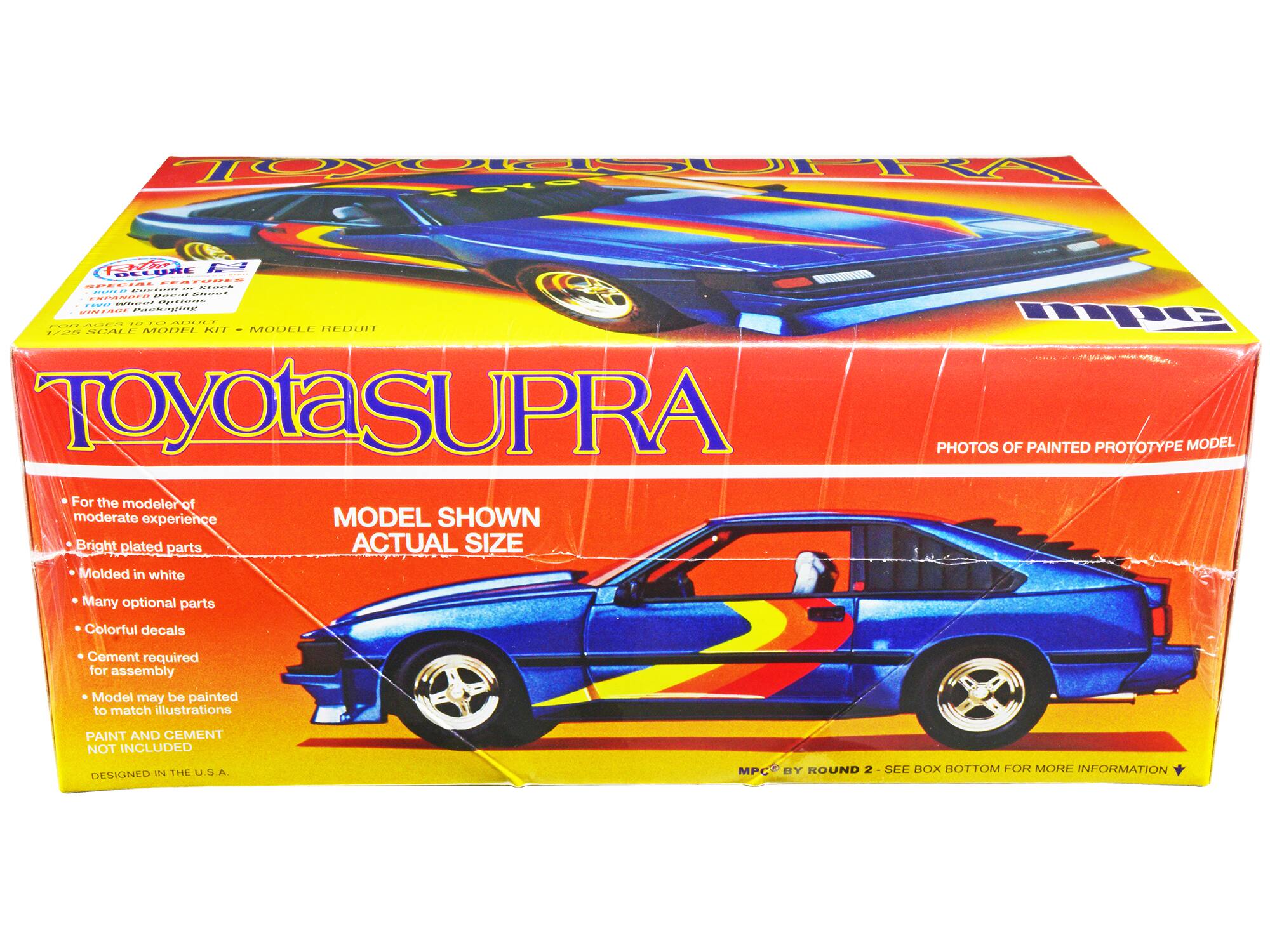 TOYOTA SUPRA

PHOTOS OF PAINTED PROTOTYPE MODEL

For the modeler of moderate experience

MODEL SHOWN ACTUAL SIZE

Bright plated parts

Molded in white

Many optional parts

Colorful decals

Cement required for assembly

Model may be painted to match illustrations

PAINT AND CEMENT NOT INCLUDED

DESIGNED IN THE U.S.A

MPC BY ROUND 2 - SEE BOX BOTTOM FOR MORE INFORMATION