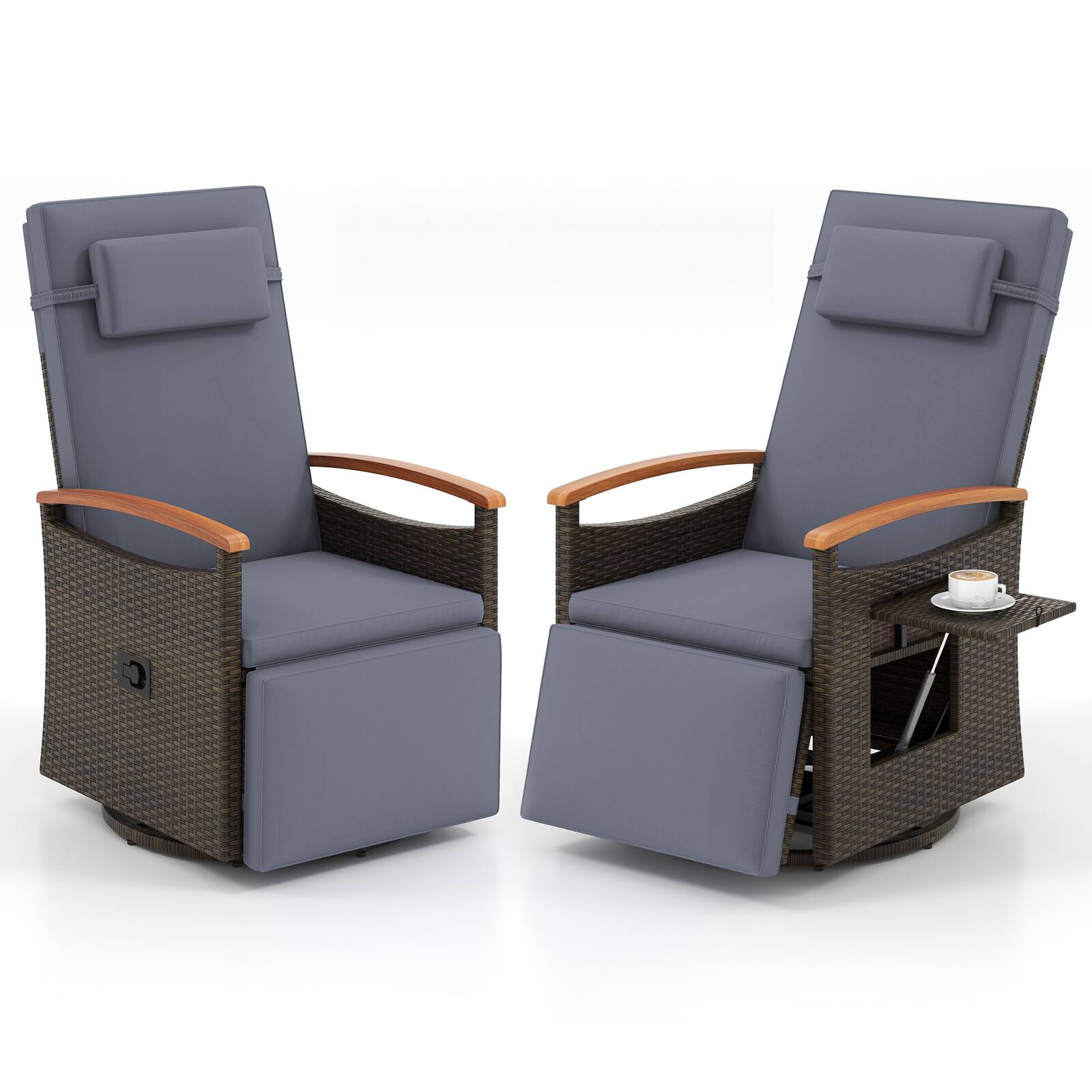 Alt View 1. Gymax - Gymax Set Of 2 Outdoor 360° Swivel Rattan Recliner Chair Patio Wicker Chaise Lounge Chair - Mix Brown, Gray.