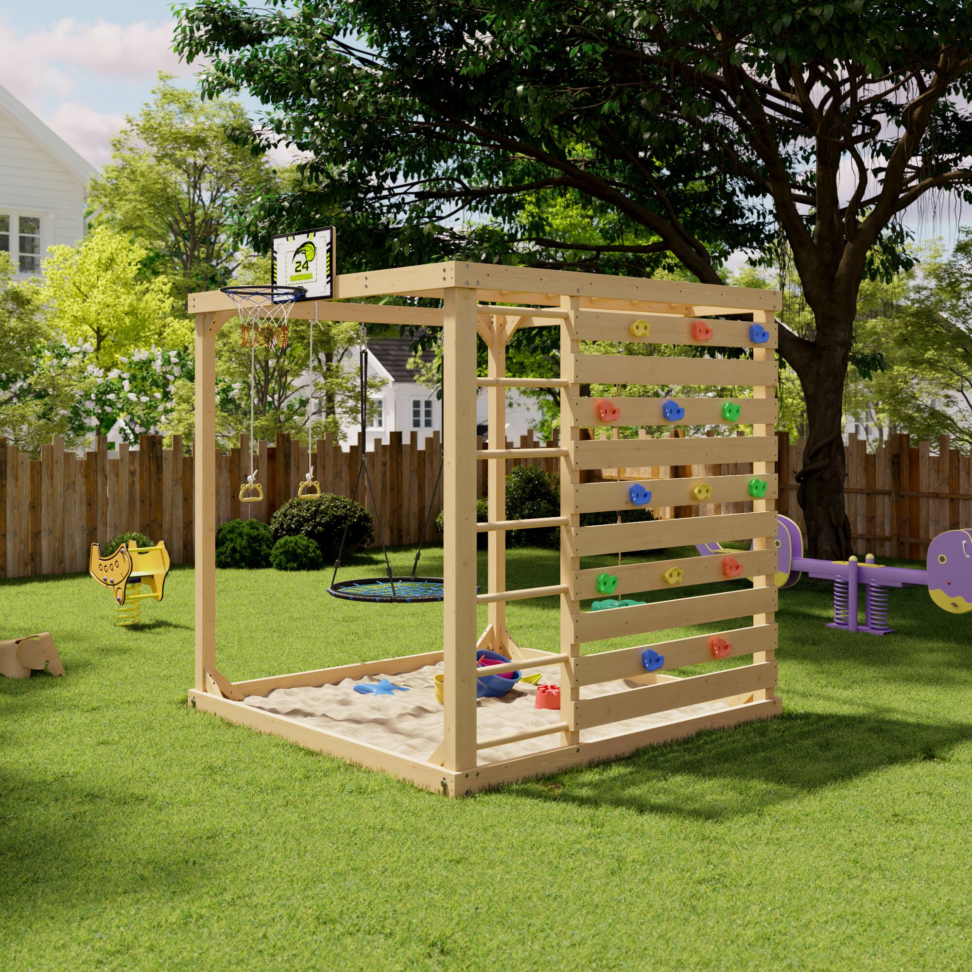 Back. Famapy - 8-in-1 Wooden Outdoor Playset for Kids with Swings, Climbing Wall, Basketball Hoop and Sandbox - Wooden.
