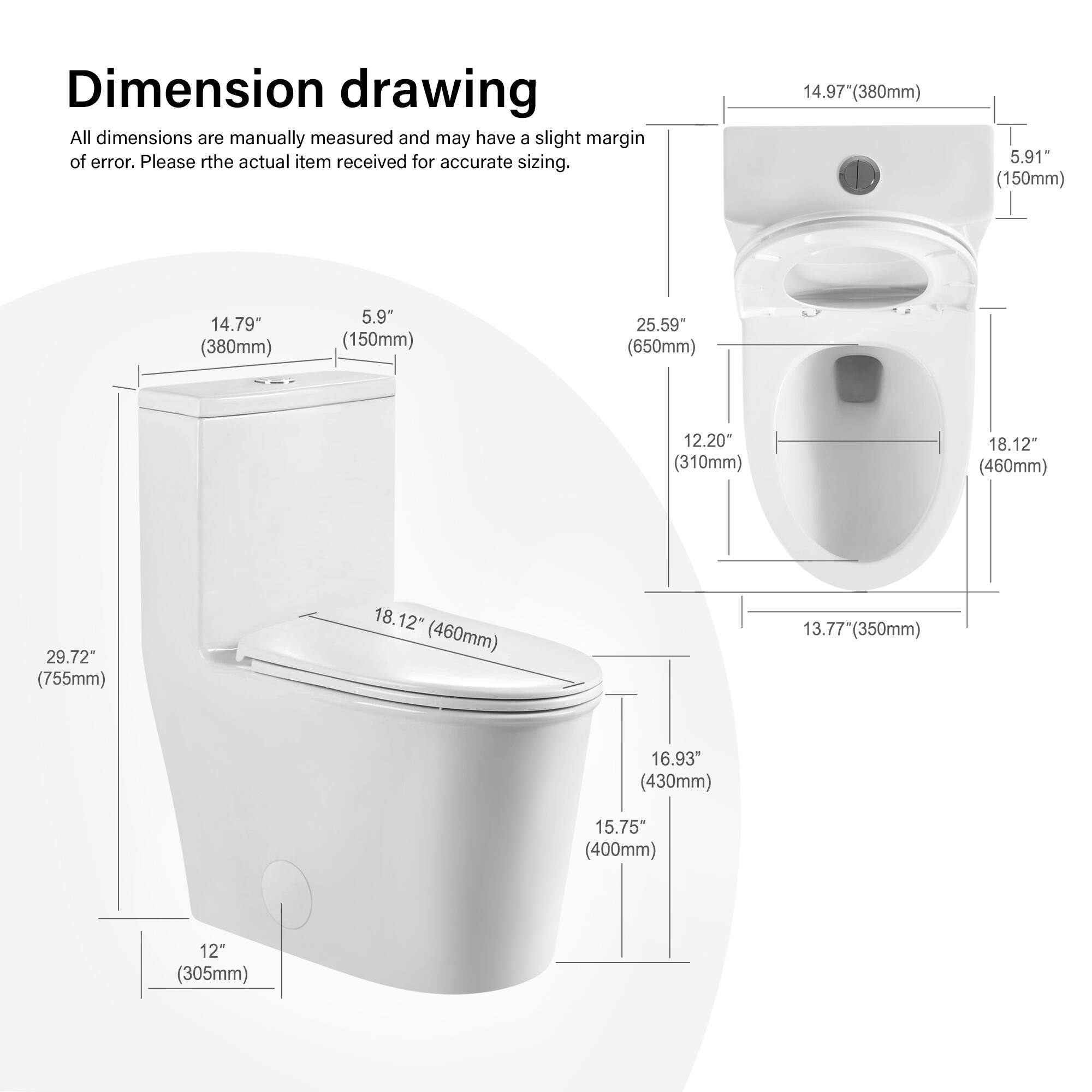 Dimension drawing  
All dimensions are manually measured and may have a slight margin of error. Please refer to the actual item received for accurate sizing.  

- 14.97" (380mm)  
- 5.91" (150mm)  
- 14.79" (380mm)  
- 5.9" (150mm)  
- 25.59" (650mm)  
- 12.20" (310mm)  
- 18.12" (460mm)  
- 29.72" (755mm)  
- 18.12" (460mm)  
- 13.77" (350mm)  
- 16.93" (430mm)  
- 15.75" (400mm)  
- 12" (305mm)
