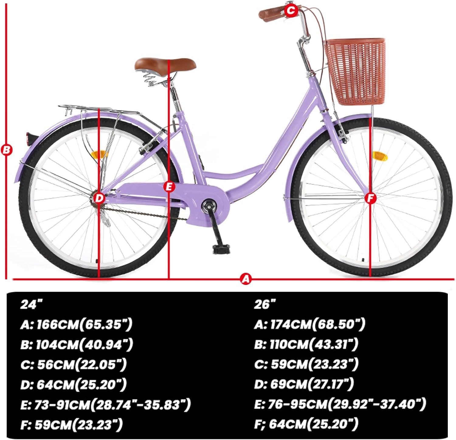 Sure, here is the corrected and grouped text:

**24"**

- A: 166CM (65.35")
- B: 104CM (40.94")
- C: 56CM (22.05")
- D: 64CM (25.20")
- E: 73-91CM (28.74"-35.83")
- F: 59CM (23.23")

**26"**

- A: 174CM (68.50")
- B: 110CM (43.31")
- C: 59CM (23.23")
- D: 69CM (27.17")
- E: 76-95CM (29.92"-37.40")
- F: 64CM (25.20")