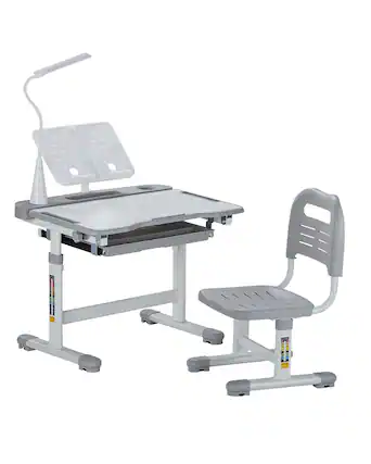 Front. VEVOR - Kids Study Chair and Desk Set, Study Desk and Chair for Kids with Table Lamp - Gray.