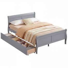 Costway - Full Size Bed Frame with Storage Drawers, Wood Platform Bed with Headboard Footboard - Gray