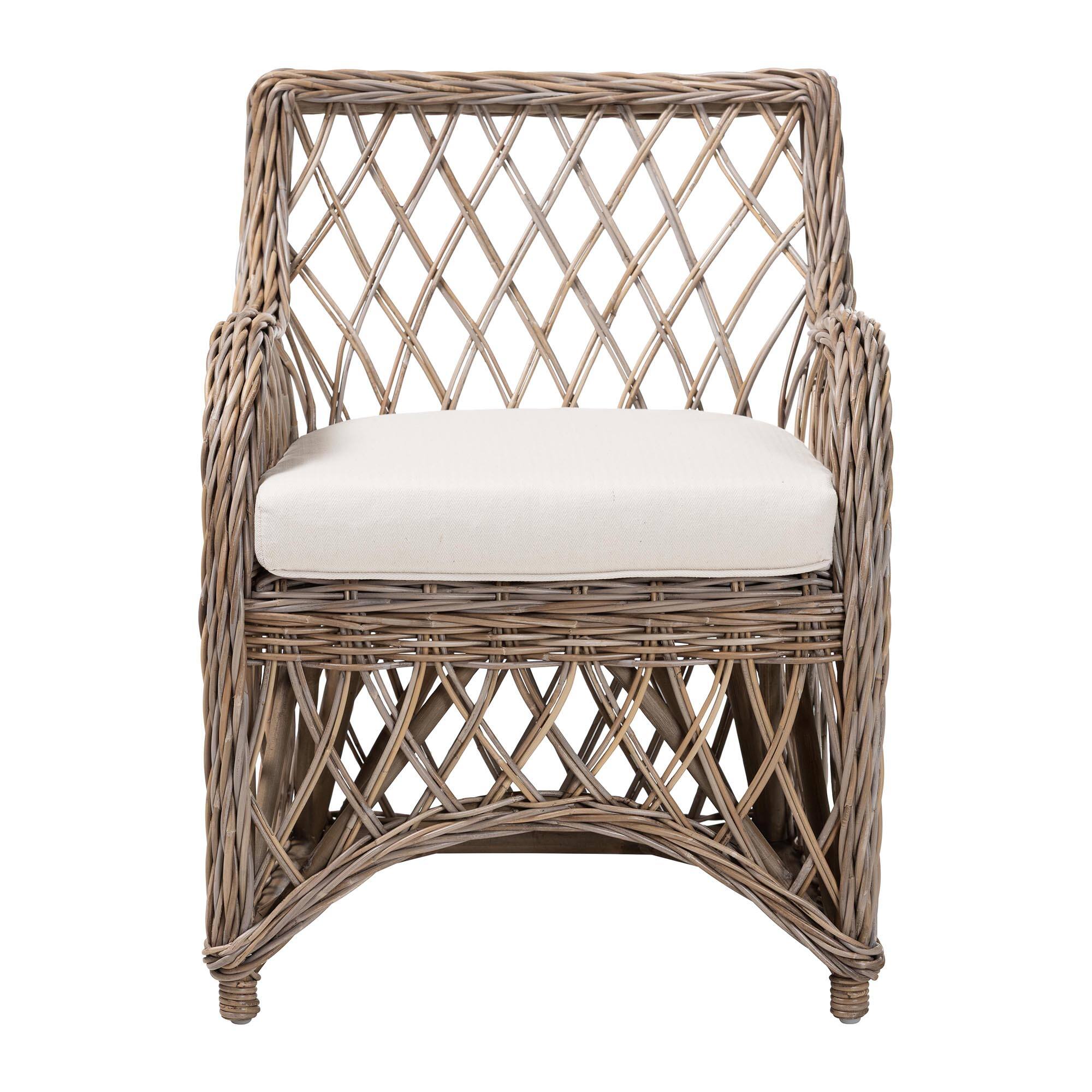 Angle. bali & pari - Debra Natural Rattan Armchair – Handwoven Open-Weave Wicker Armchair with Curved Silhouette & Removable Cushion - Kubu Grey.
