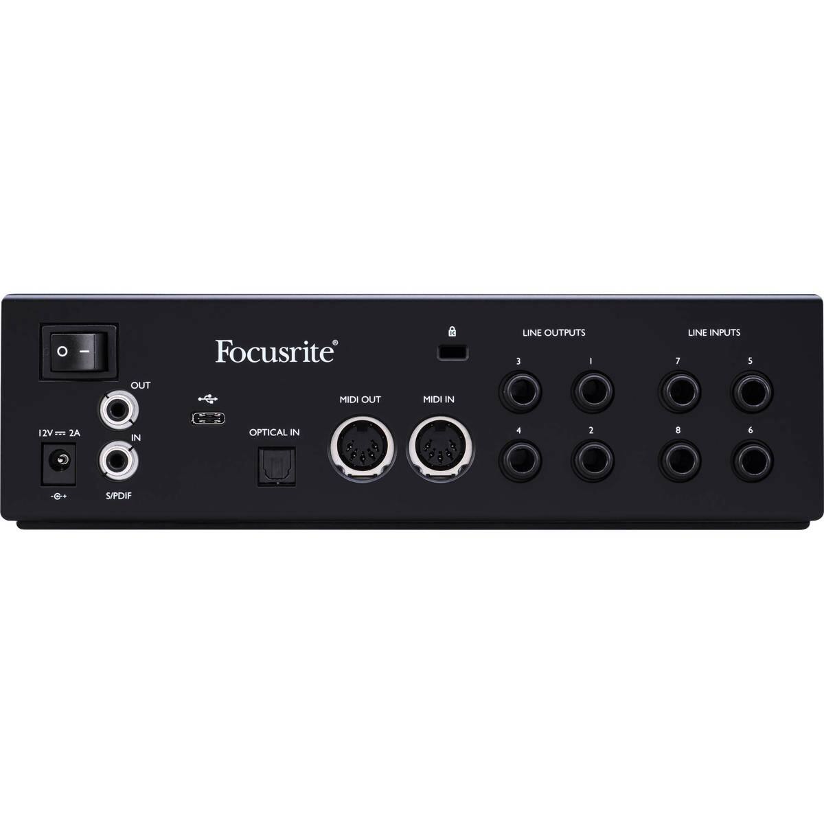 Focusrite  
LINE OUTPUTS: 1, 3, 7, 8  
LINE INPUTS: 2, 4, 5, 6  
MIDI OUT  
MIDI IN  
12V - 2A IN  
OPTICAL IN  
S/PDIF