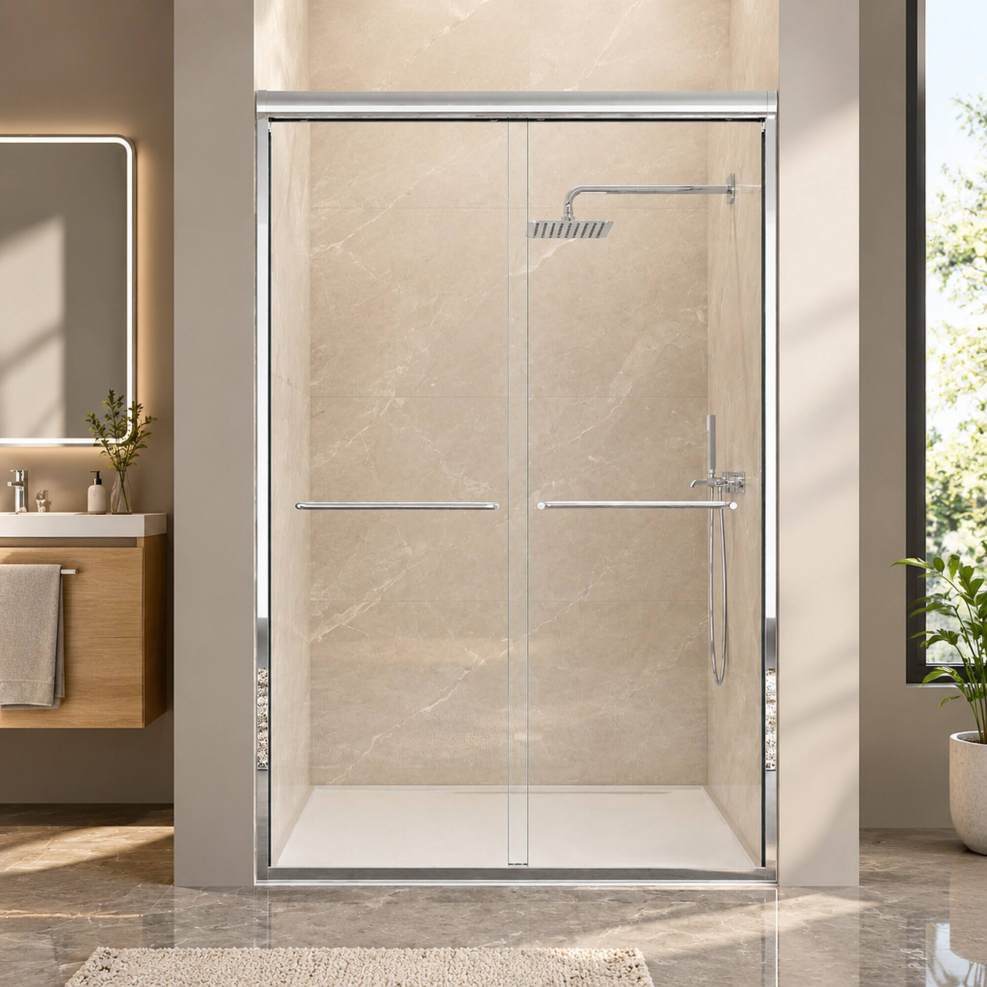 Alt View 6. RYHNUYNE - 44-48" W X 72" H Semi-Frameless Double Sliding Shower Door With 1/4" Tempered Glass, Chrome Finish - Chrome.