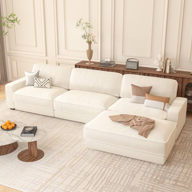 Dyonery - 119-inch widened three-seater sofa, Chenille fabric, solid high legs, wide armrest combination design - Beige