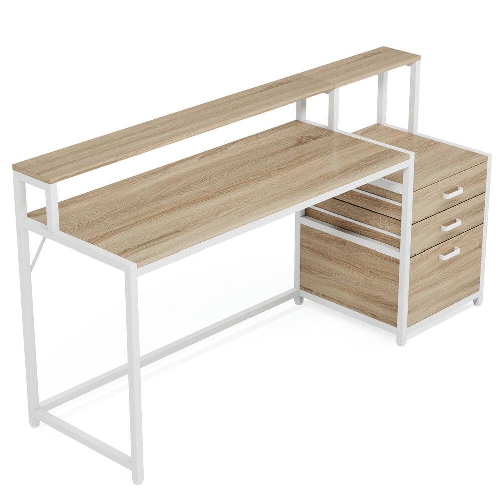 Alt View 1. Resenkos - Kadyn Study Writing Desk,63" Computer Desk, Ergonomic Office Desk with Drawers & Monitor Stand,Natural & White - Beige.