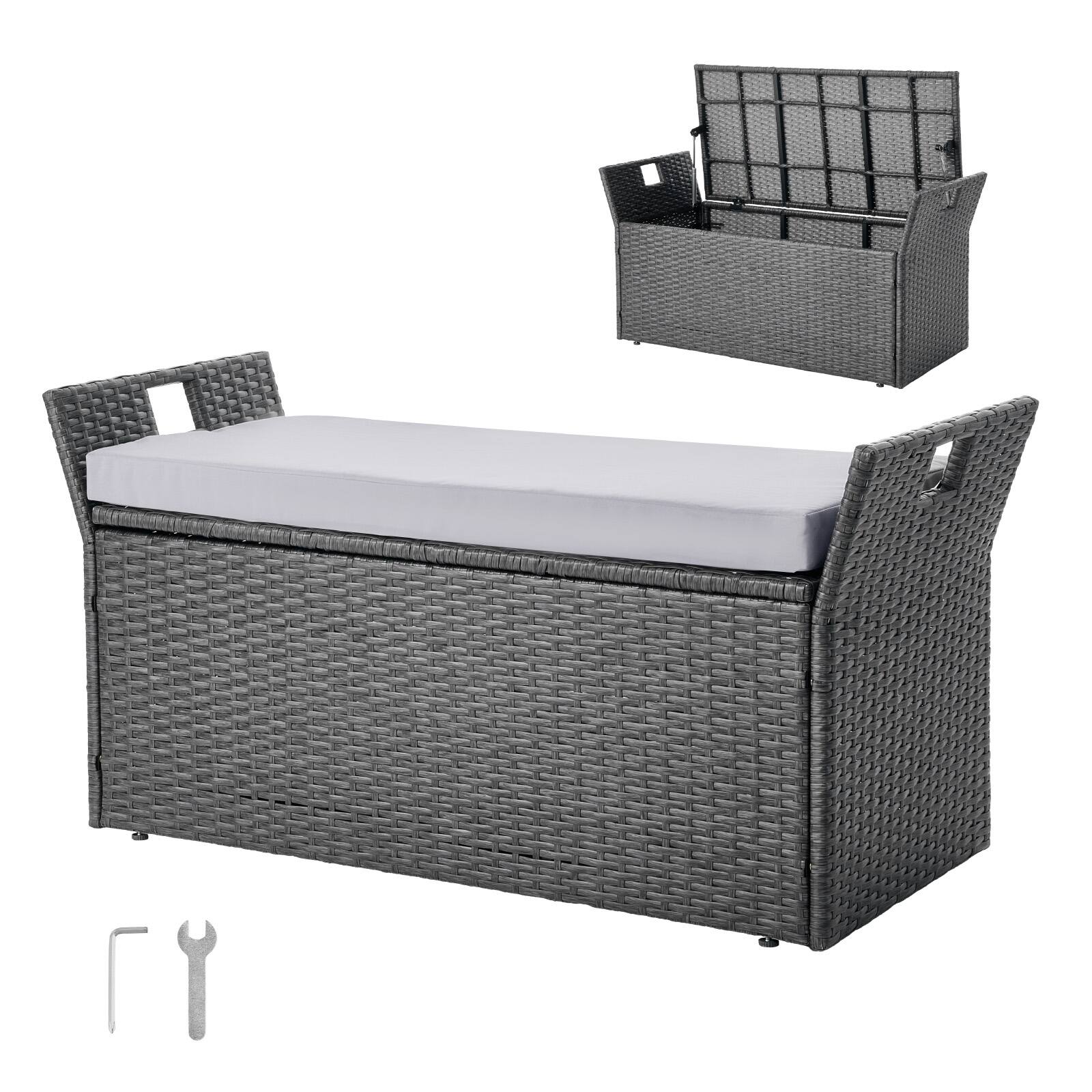 VEVOR - Outdoor Storage Bench, 2-Person PE Rattan Storage Bench, 40 Gal Deck Box with Cushion & Side Handle - Gray