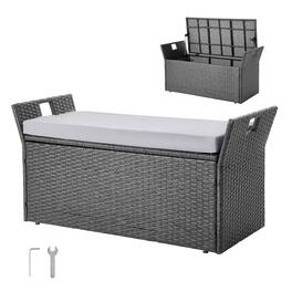VEVOR - Outdoor Storage Bench, 2-Person PE Rattan Storage Bench, 40 Gal Deck Box with Cushion & Side Handle - Gray