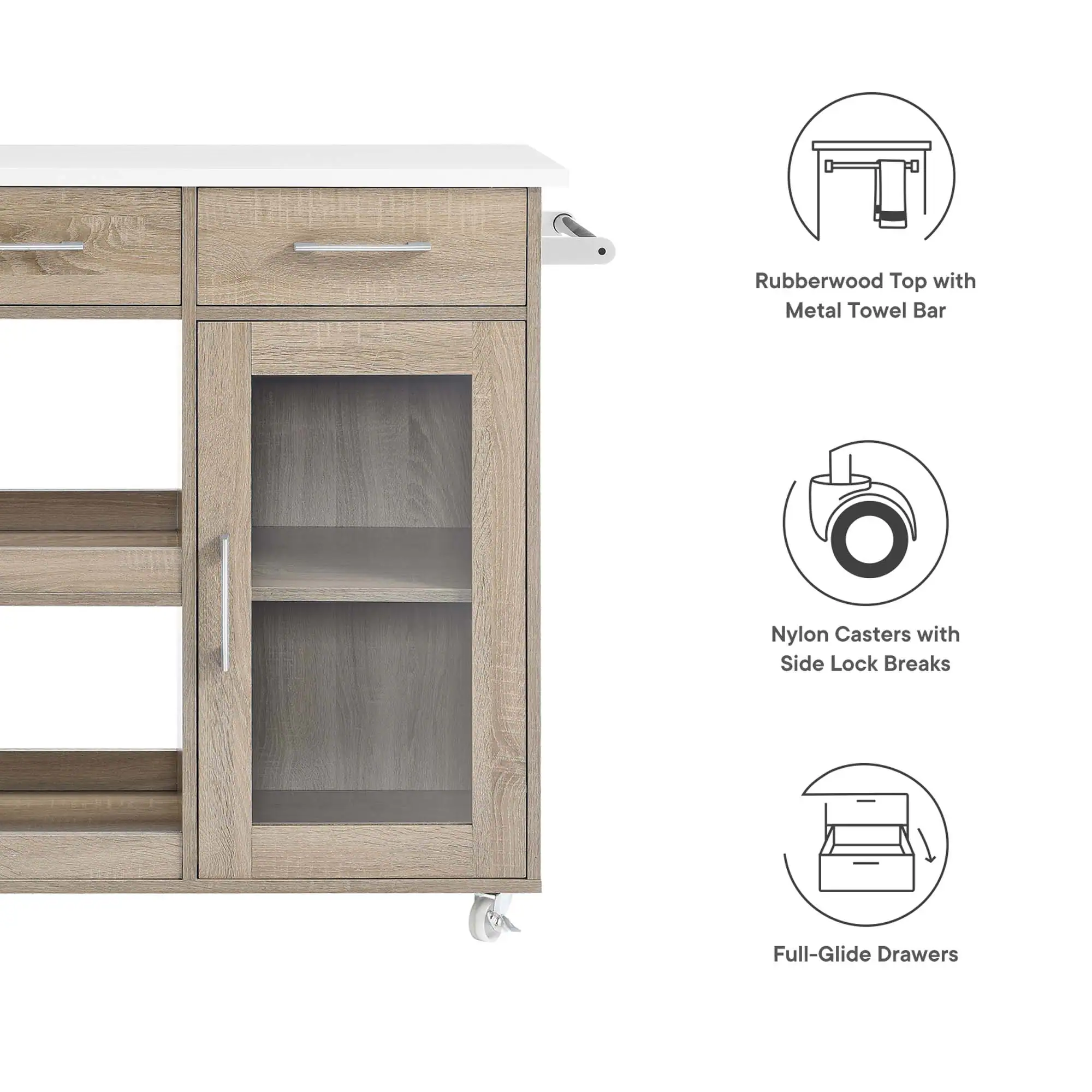 - Rubberwood Top with Metal Towel Bar
- Nylon Casters with Side Lock Breaks
- Full-Glide Drawers
