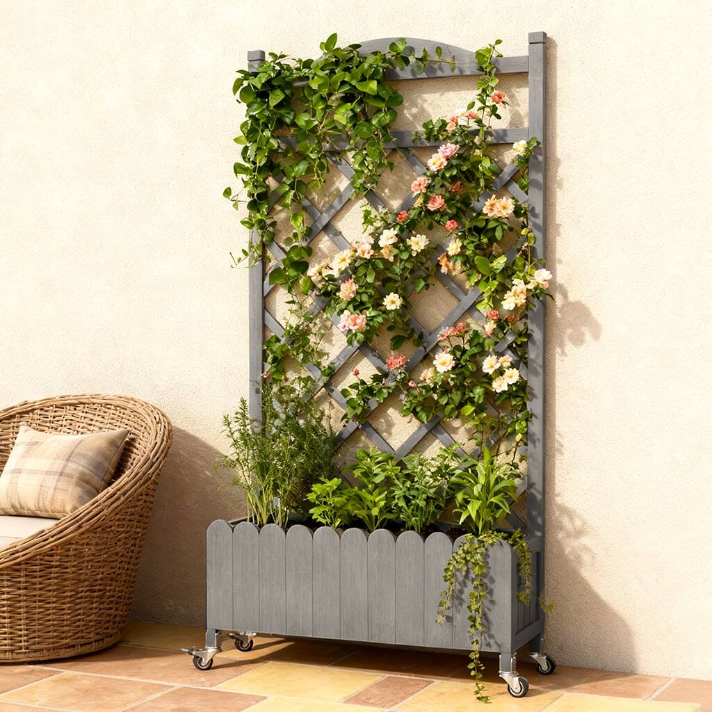 Alt View 4. CloudRest Pro - Raised Garden Bed with Trellis and Wheels 48 Inch Elevated Planter Box with Drainage Holes - Gray.