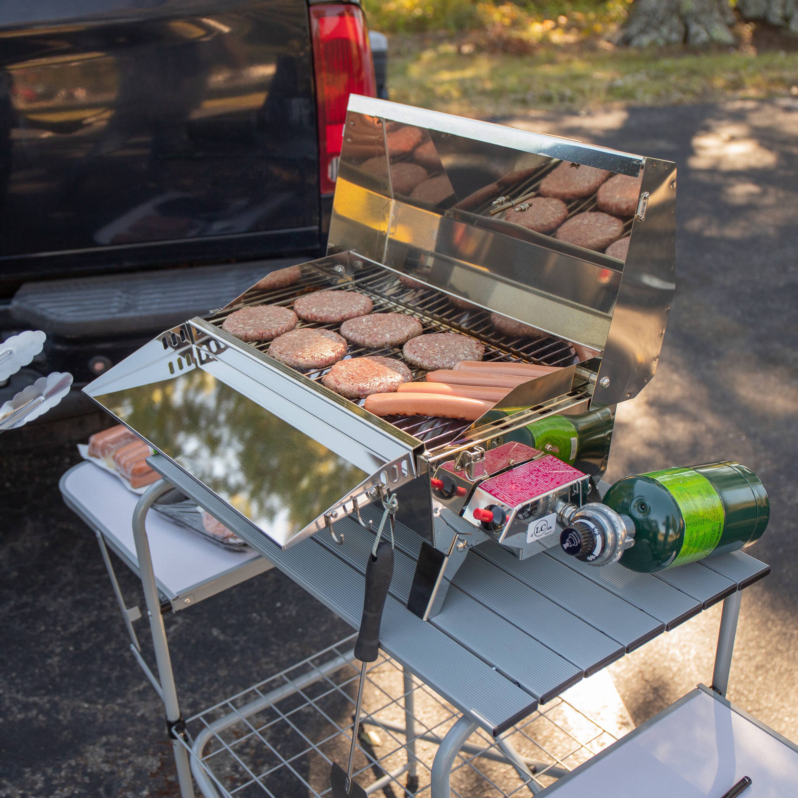 Alt View 10. Camco - Camco Deluxe Folding Outdoor Steel Grill Table with Side Tables, Hooks, and Case - Silver.