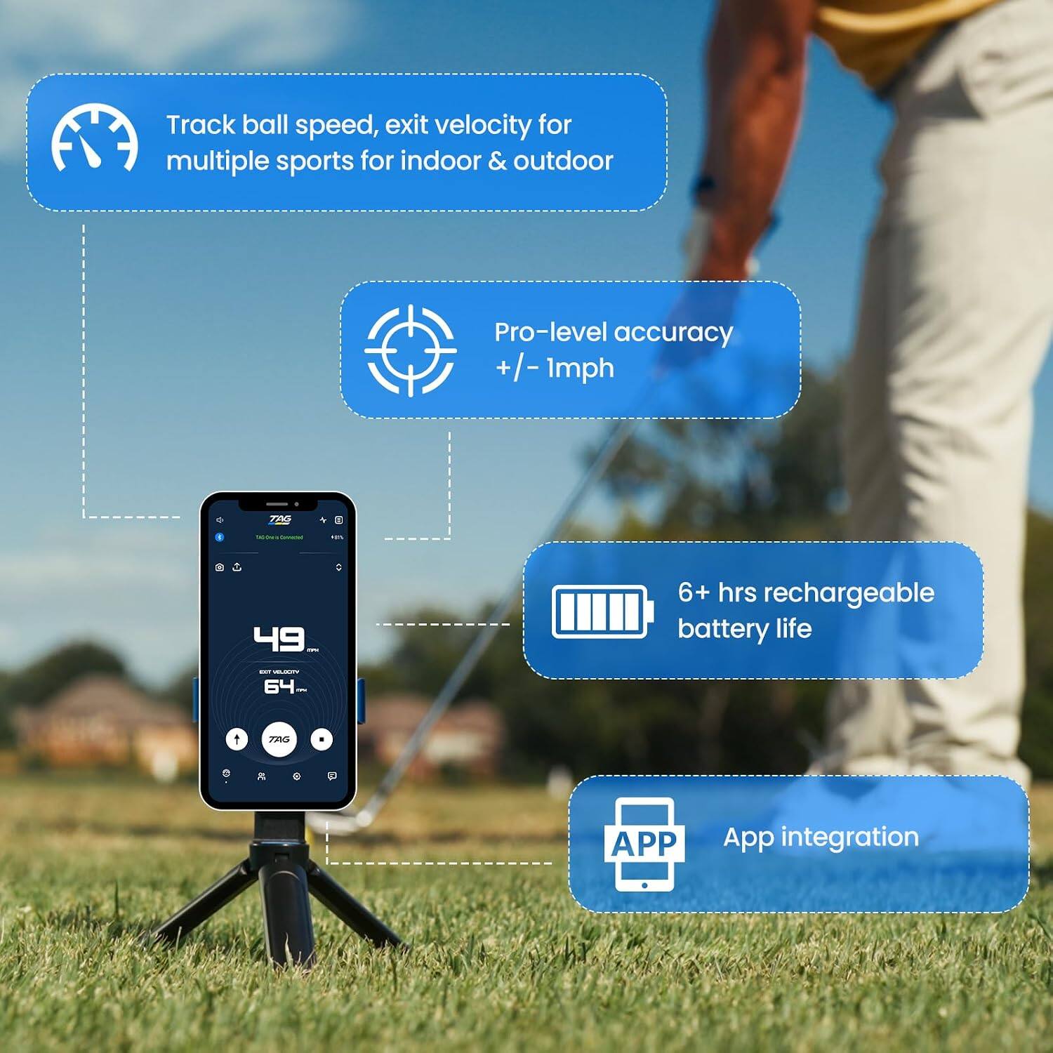 Track ball speed, exit velocity for multiple sports for indoor & outdoor

Pro-level accuracy +/-1mph

6+ hrs rechargeable battery life

App integration