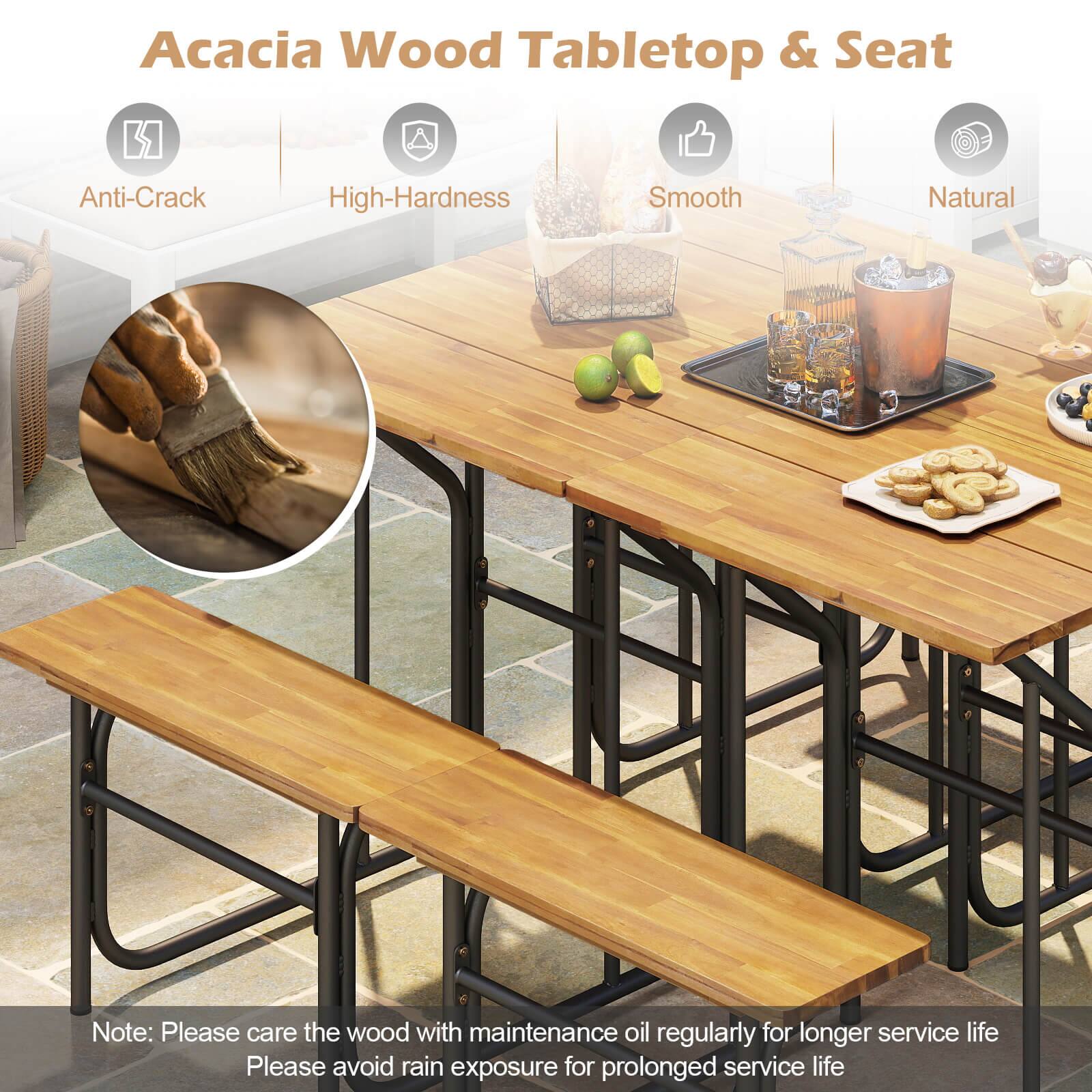 Acacia Wood Tabletop & Seat

- Anti-Crack
- High-Hardness
- Smooth
- Natural

Note: Please care the wood with maintenance oil regularly for longer service life. Please avoid rain exposure for prolonged service life.