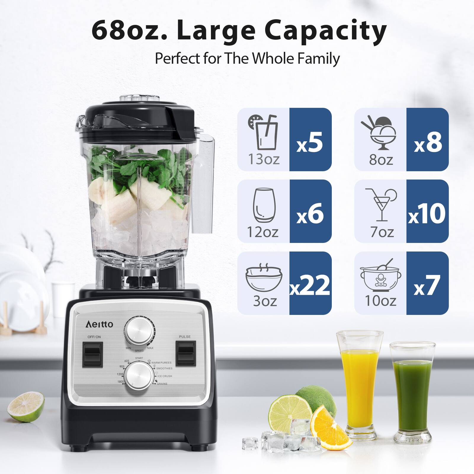 68oz. Large Capacity
Perfect for The Whole Family
13oz x5
8oz x8
12oz x6
7oz x10
3oz x22
10oz x7
Aeitto
PULSE
OFF/ON
SPEED
MAX
LOW
ICE CRUSH
SMOOTHIES
JUICING