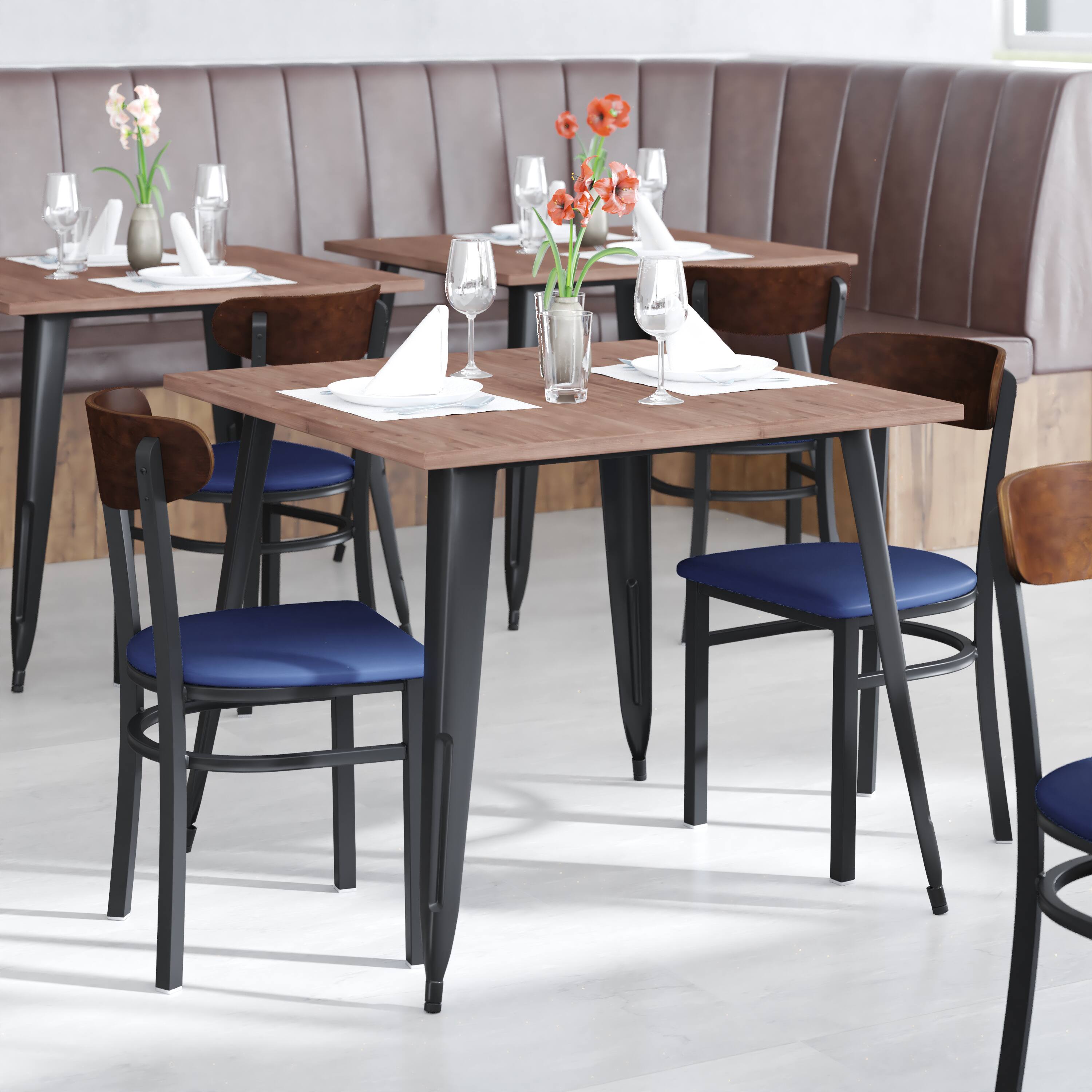Alt View 4. Emma + Oliver - Yara Industrial Dining Chair with Rolled Steel Frame and Solid Wood Seat - 500 lbs. Static Weight Capacity - Walnut Wood Back/Blue Vinyl Seat.