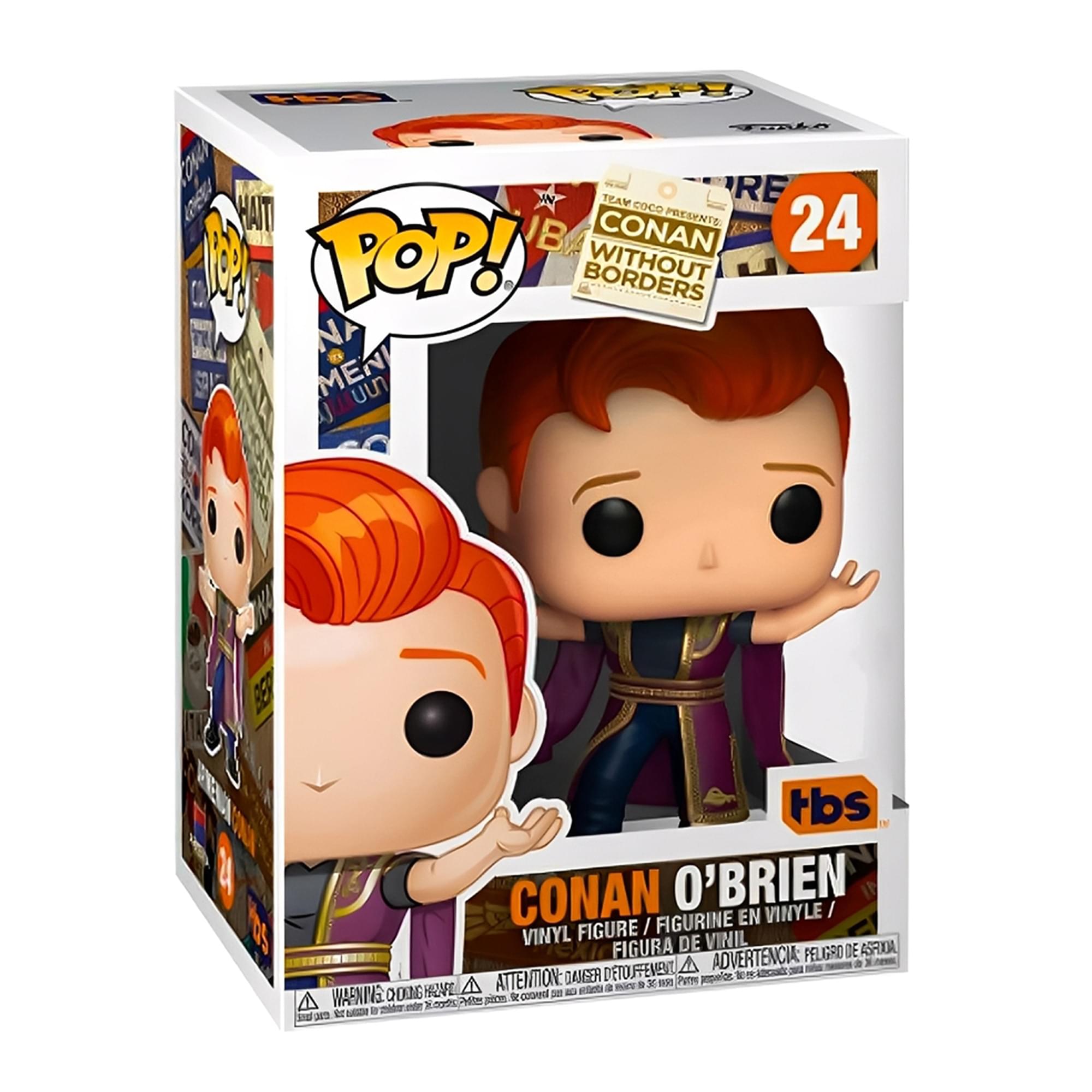 Sure, here is the corrected and grouped text from the image:

---

**Front:**
- POP!
- TEAM COCO PRESENTS
- CONAN WITHOUT BORDERS
- CONAN O'BRIEN
- VINYL FIGURE / FIGURINE EN VINYLE / FIGURA DE VINIL
- WARNING: CHOKING HAZARD - ATTENTION: PELIGRO DE ASFIXIA - ADVERTENCIA: PELIGRO DE ASFIXIA
- tbs

**Top Left:**
- 24

**Bottom:**
- WARNING: CHOKING HAZARD - ATTENTION: PELIGRO DE ASFIXIA - ADVERTENCIA: PELIGRO DE ASFIXIA
- Not for children under 3 years. - No es para niños menores de 3 años. - Ne convient pas aux enfants de moins de 3 ans.

**Side:**
- TEAM COCO PRESENTS
- CONAN WITHOUT BORDERS
- 24
- POP!

---