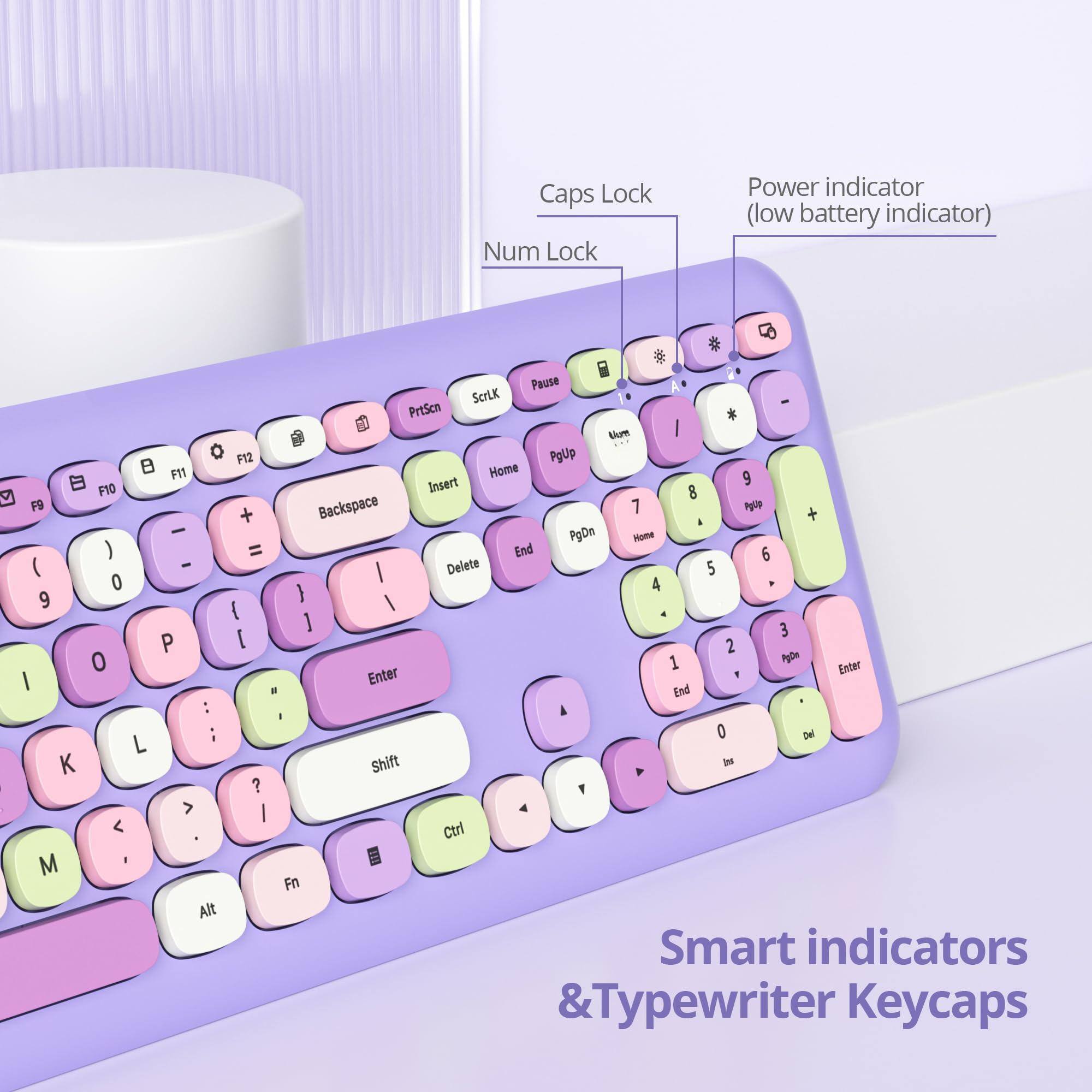 Caps Lock Num Lock Power indicator (low battery indicator)  
F11 F10 F9 - ) ( 1 0 9 P 0 I : ; L K > < 2 M Alt Pause ScrLK - PrtScn Num I F12 PgUp Home 9 Insert 8 Backspace 7 Poup + i + PpDn Home = End 6 I Delete 5 4 } ! ( ] 3 I 2 1 POe Enter 1 Enter . End A 0 Del Shift IN ? Y I Ctrl Fn Smart indicators & Typewriter Keycaps