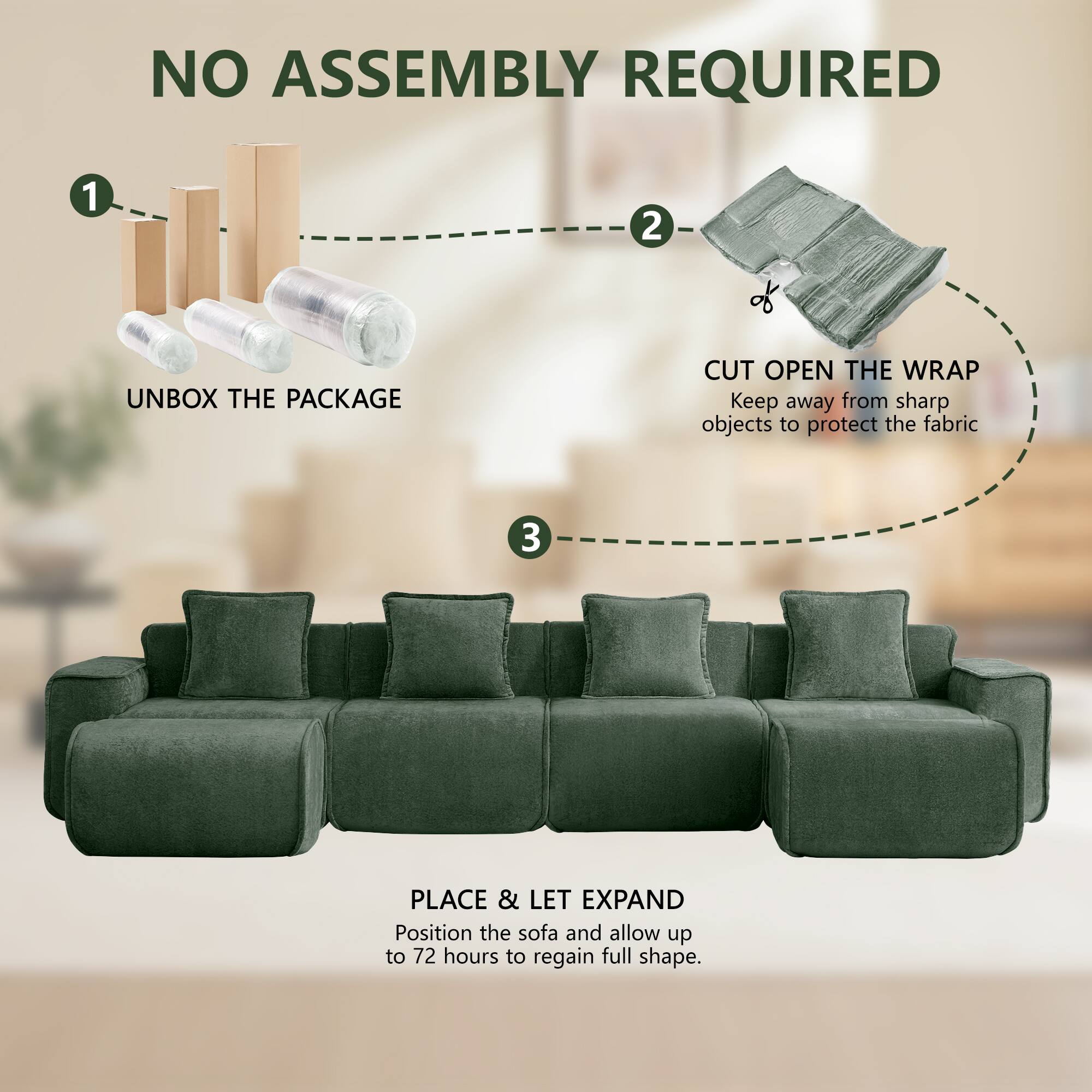 NO ASSEMBLY REQUIRED

1. UNBOX THE PACKAGE
2. CUT OPEN THE WRAP
   Keep away from sharp objects to protect the fabric
3. PLACE & LET EXPAND
   Position the sofa and allow up to 72 hours to regain full shape.