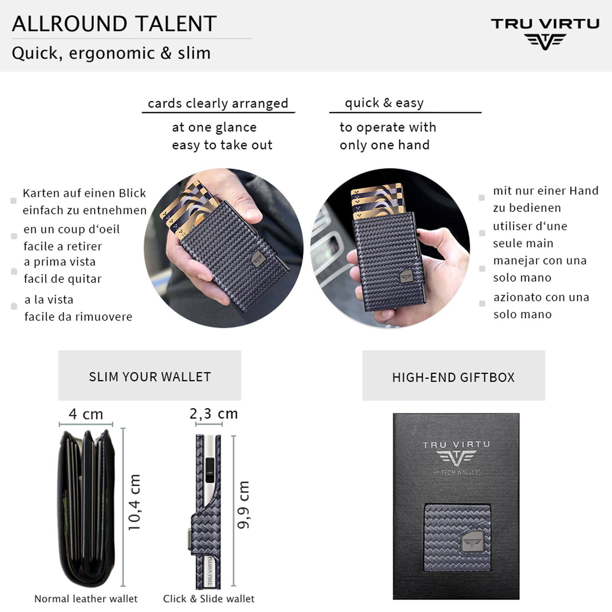 ALLROUND TALENT  
Quick, ergonomic & slim

cards clearly arranged  
at one glance  
easy to take out

Karten auf einen Blick  
einfach zu entnehmen  
en un coup d'oeil  
facile à retirer  
a prima vista  
facil de quitar  
a la vista  
facile da rimuovere

quick & easy  
to operate with  
only one hand

mit nur einer Hand zu bedienen  
utiliser d'une seule main  
manejar con una sola mano  
azione con una sola mano

SLIM YOUR WALLET

4 cm  
2,3 cm

Normal leather wallet  
10,4 cm

Click & Slide wallet  
9,9 cm

HIGH-END GIFTBOX