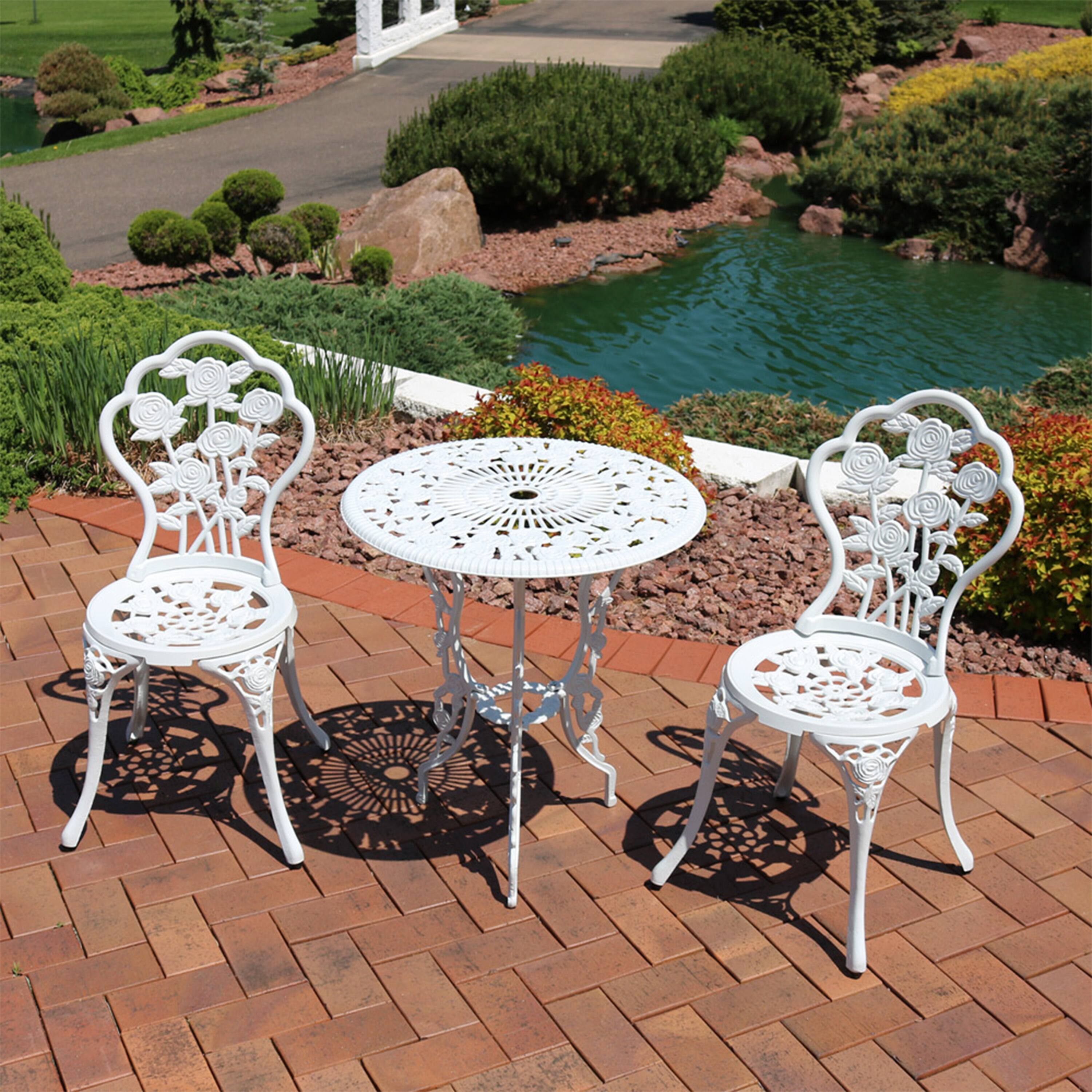 Alt View 2. Sunnydaze - Flower Design Cast Aluminum 3-Piece Patio Bistro Set - White.